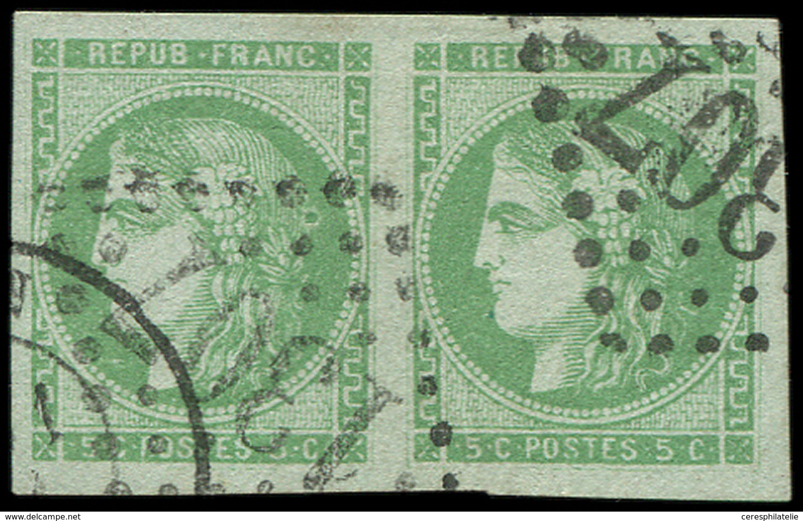 EMISSION DE BORDEAUX 42B   5c. Vert-jaune, R II, PAIRE, Grandes Marges, Un Ex. ANNEAU LUNE, Obl. GC 1307 Et Càd (sur Un - 1870 Bordeaux Printing