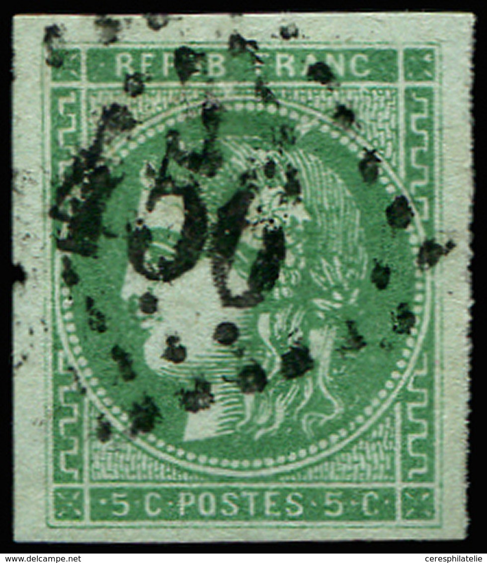 EMISSION DE BORDEAUX 42Bb  5c. Vert EMERAUDE FONCE, R II, Obl. GC, Inf. Froissure D'angle Mais Superbe Nuance Certifiée - 1870 Bordeaux Printing