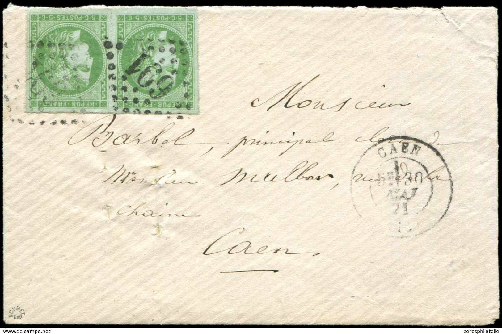 Let EMISSION DE BORDEAUX 42B   5c. Vert Jaune, R II, PAIRE (pli Entre Les T.) Obl. GC 691 S. Env., Càd T17 CAEN 30/5/71, - 1870 Bordeaux Printing