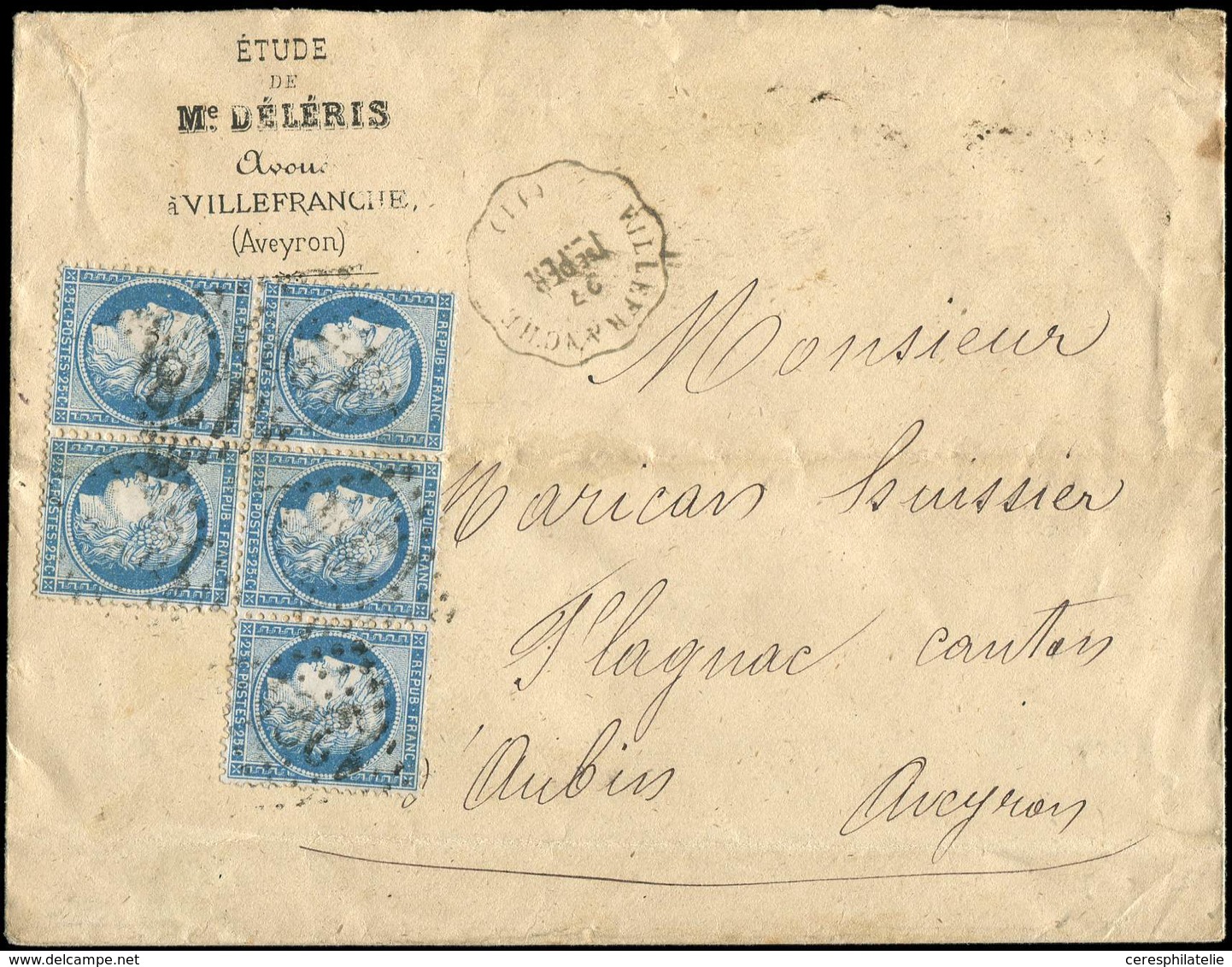 Let CERES DENTELE 60A  25c. Bleu, T I, BLOC De 5 Obl. GC 1284 S. Env., Cachet Conv. VILLEFRANCHE Tse PER, 4/74, TB - 1849-1876: Classic Period