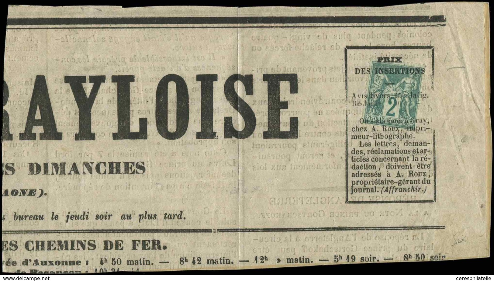 TYPE SAGE 74    2c. Vert, Oblitération Typo Sur Grand Fragment De Journal, TB - 1876-1878 Sage (Type I)