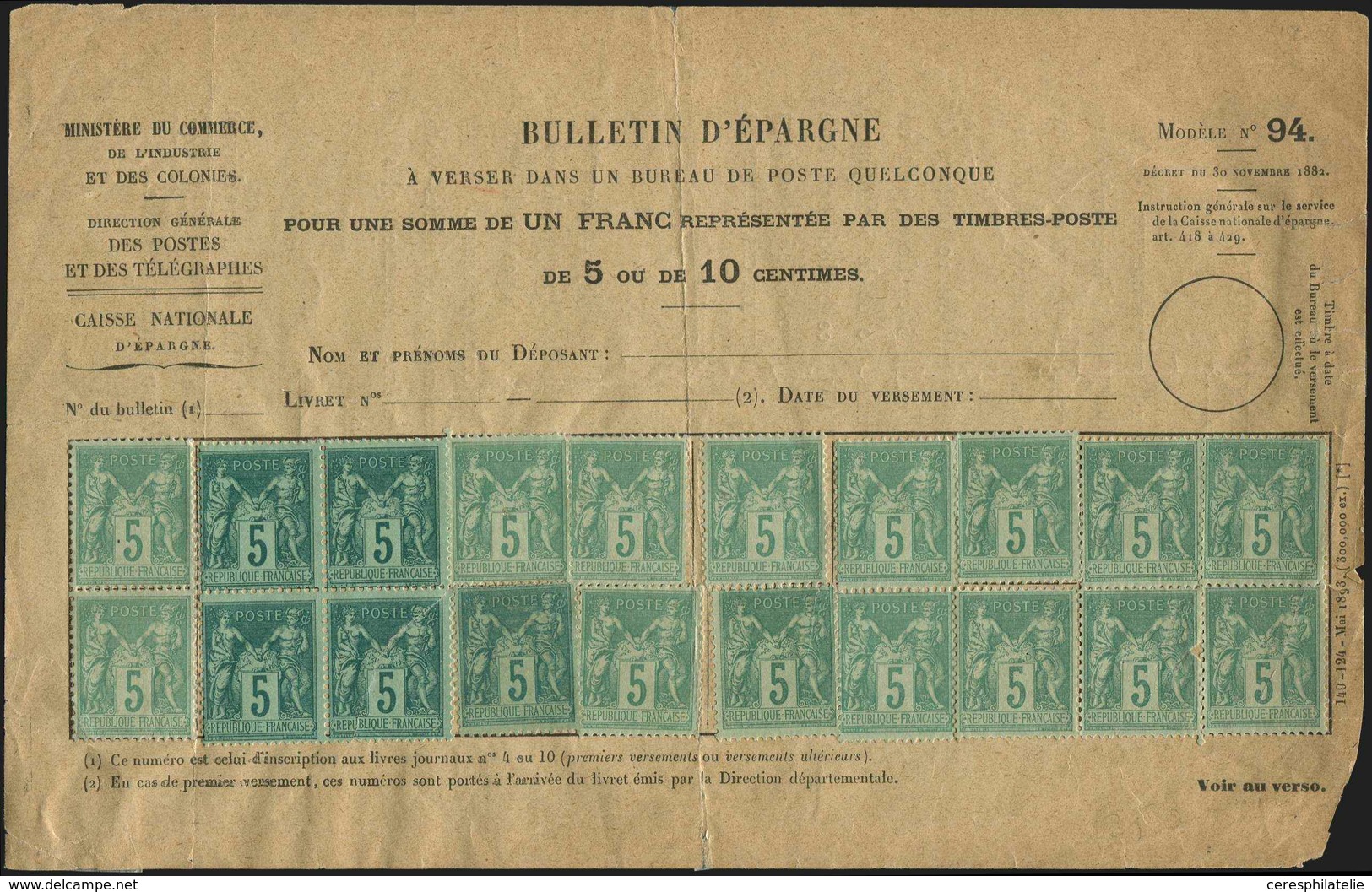 (*) TYPE SAGE 75    5c. Vert, 20 Ex. Non Obl. Collés S. Bulletin D'Epargne, RR Et TB - 1876-1878 Sage (Type I)