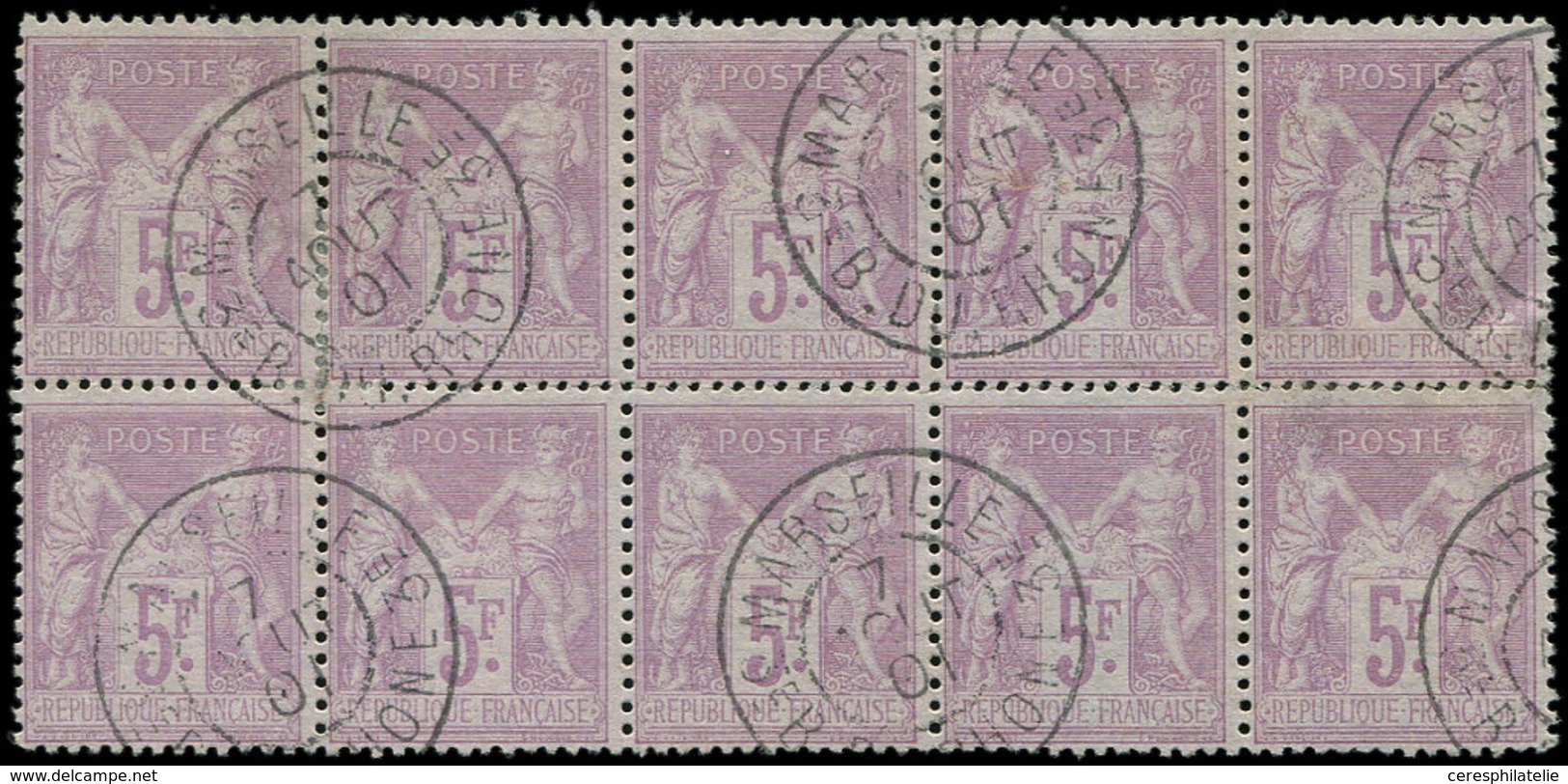 TYPE SAGE 95    5f. Violet Sur Lilas, BLOC De 10 Consolidé, Obl. Càd MARSEILLE 7/8/01, TB - 1876-1878 Sage (Type I)