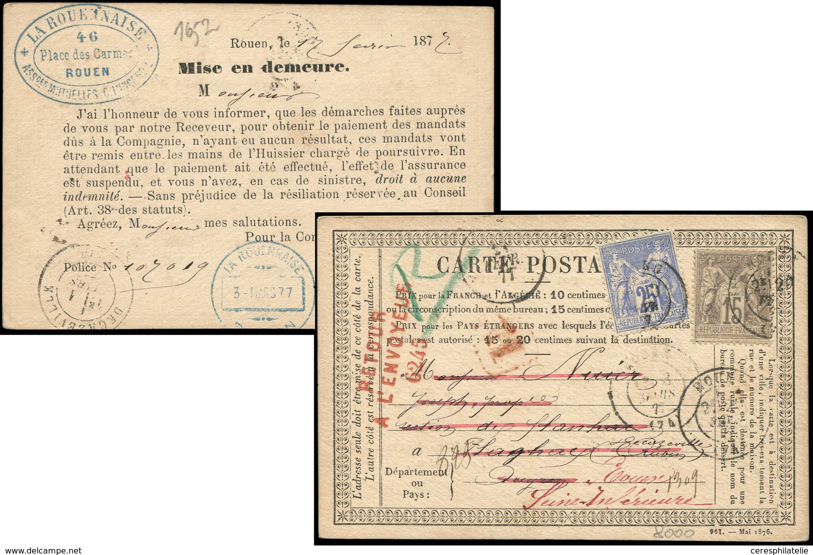 Let TYPE SAGE SUR LETTRES N°66 Et 78 Obl. ROUEN 20/2/77 S. CP Privée Rec. "LA ROUENNAISE" Pour Decazeville Et Réexp., Ca - 1877-1920: Periodo Semi Moderno