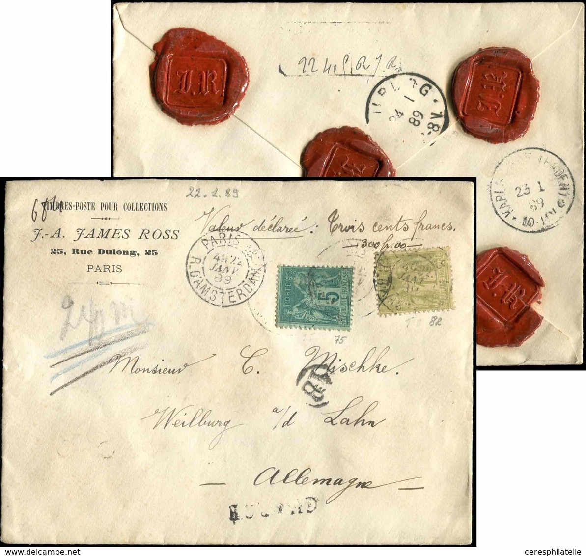 Let TYPE SAGE SUR LETTRES N°75 Et 82 Obl. Paris 22/1/89 S. Env. CHARGE, Arr. En ALLEMAGNE Le 24/1, TB - 1877-1920: Semi Modern Period