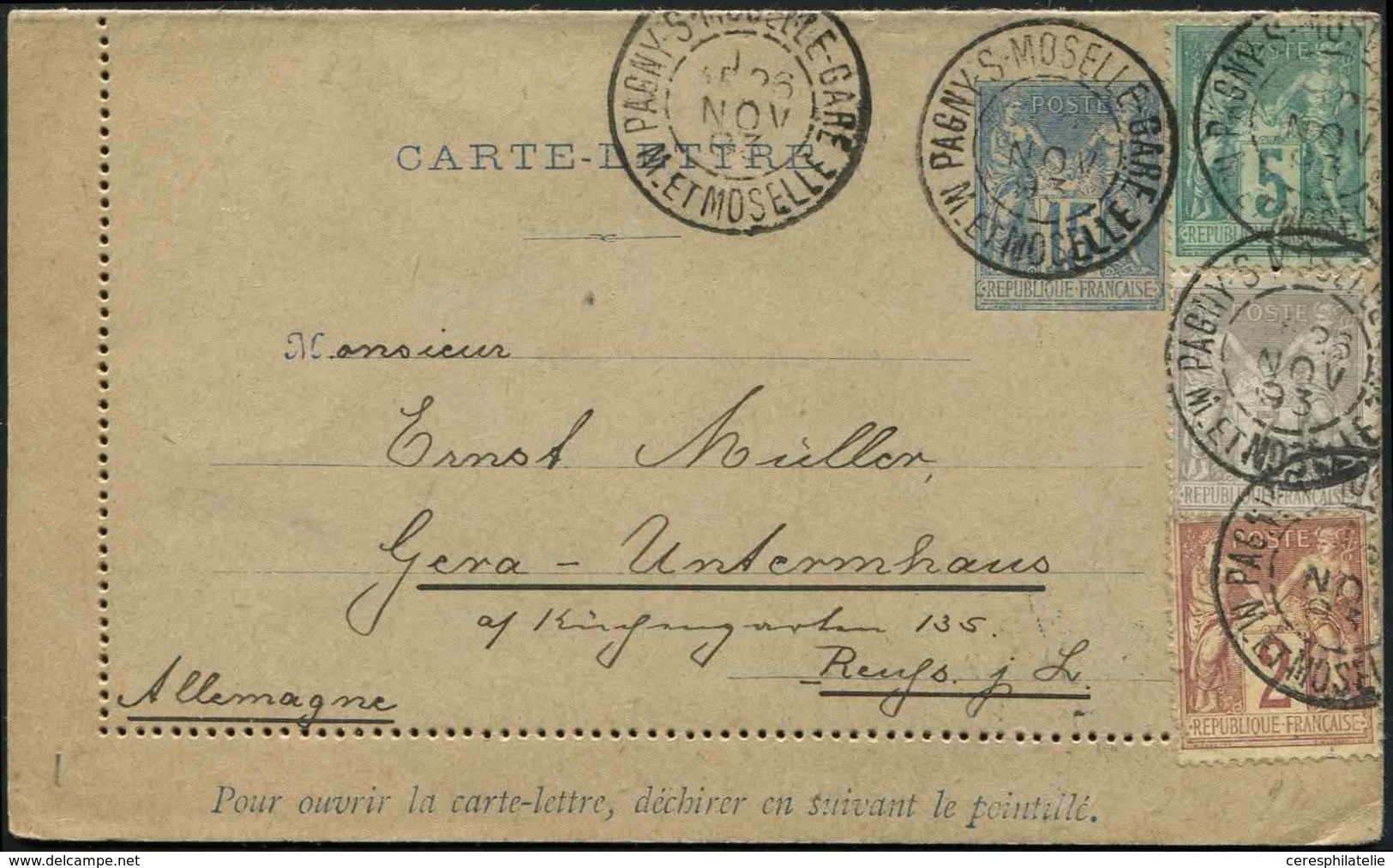 Let TYPE SAGE SUR LETTRES N°75, 85 Et 87 Sur CL 15c. Bleu Obl. Càd PAGNY-S-MOSELLE-GARE 26/11/93, Arr. En ALLEMAGNE Le 2 - 1877-1920: Semi Modern Period