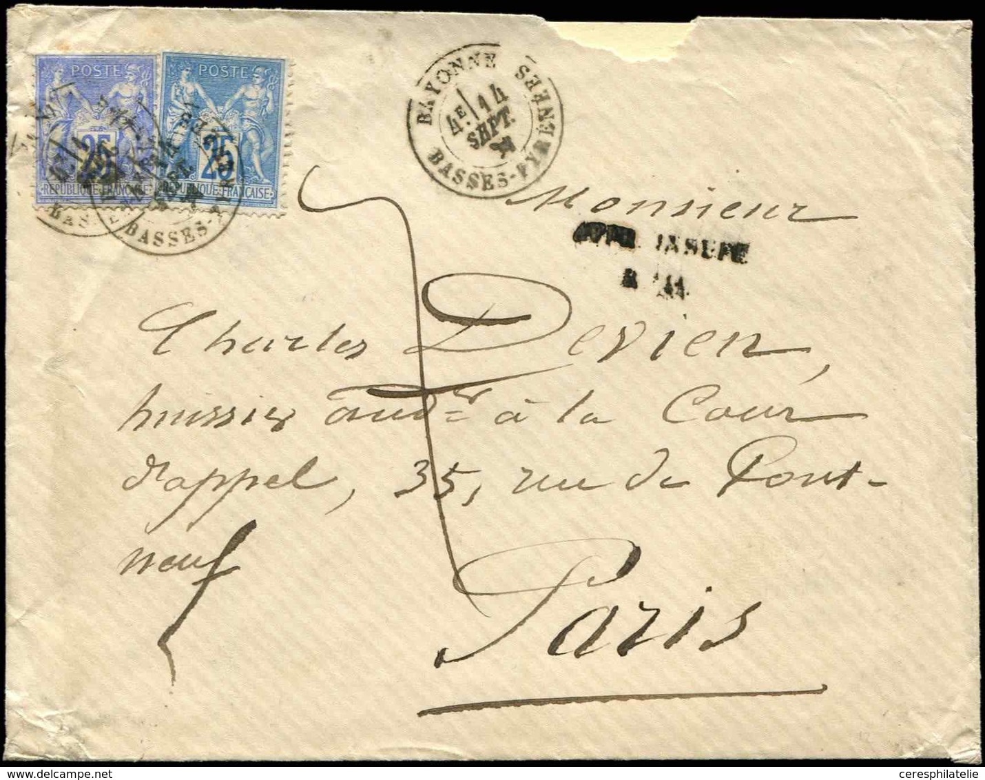 Let TYPE SAGE SUR LETTRES N°78 Et 79 Obl. Càd T18 BAYONNE 14/9/77 S. Env. "insuff. Affr." Et Taxe 7, TB - 1877-1920: Semi Modern Period