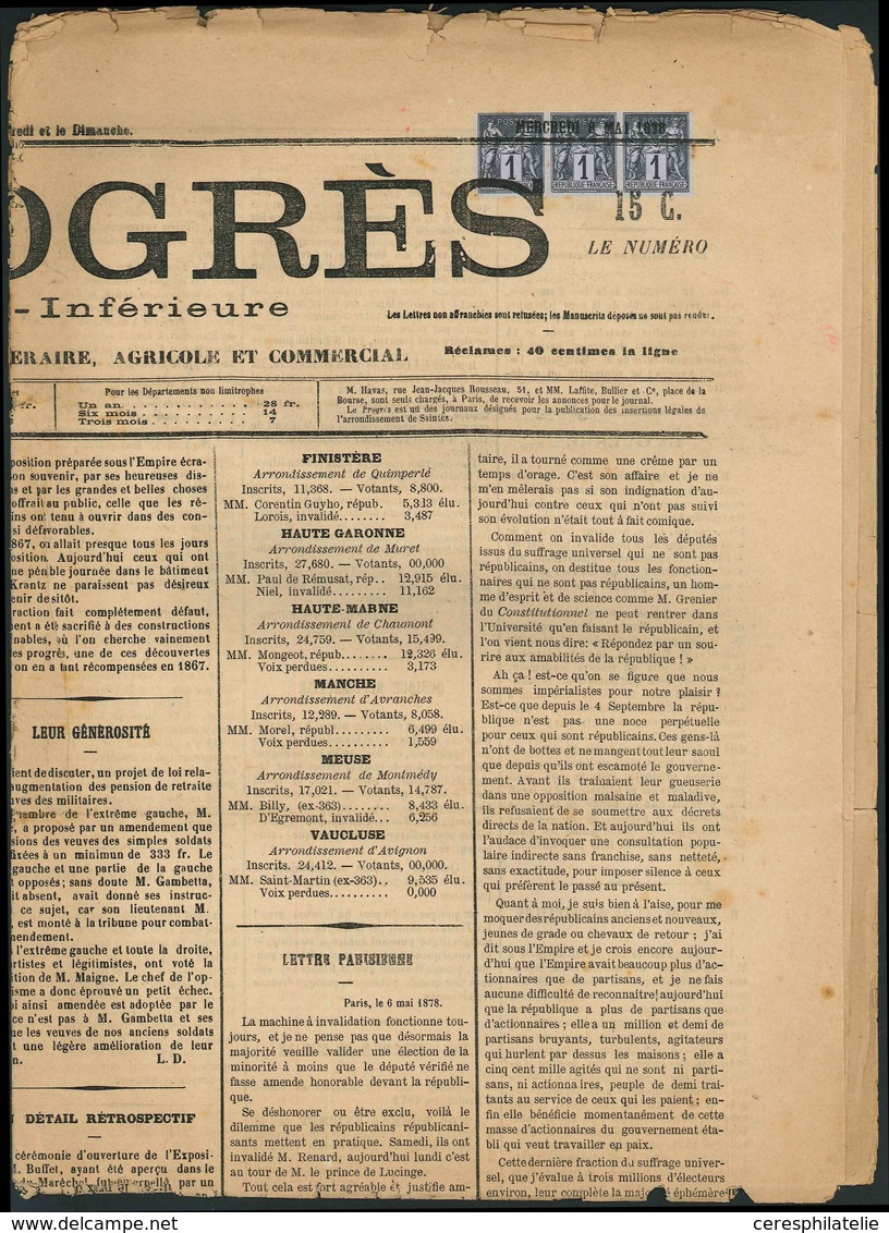 Let TYPE SAGE SUR LETTRES N°83 BANDE De 3 Obl. TYPO S. Journal LE PROGRES Du 8/5/78, TB - 1877-1920: Semi Modern Period