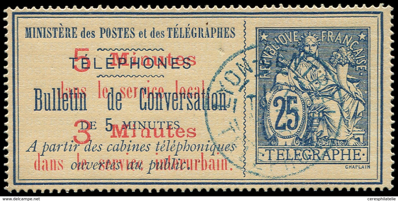 TELEPHONE Téléphone 12 : 25c. Bleu Sur Chamois, Surchargé, Obl., R Et TB - Telegraph And Telephone