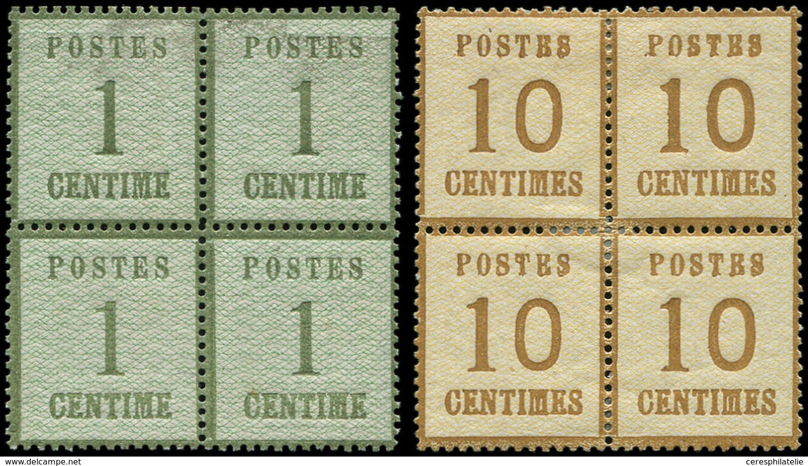 ALSACE-LORRAINE 1 Et 5, 1c. Vert Bronze, BLOC De 4 ** Et 10c. Bistre, BLOC De 4 *, TB - Storia Postale