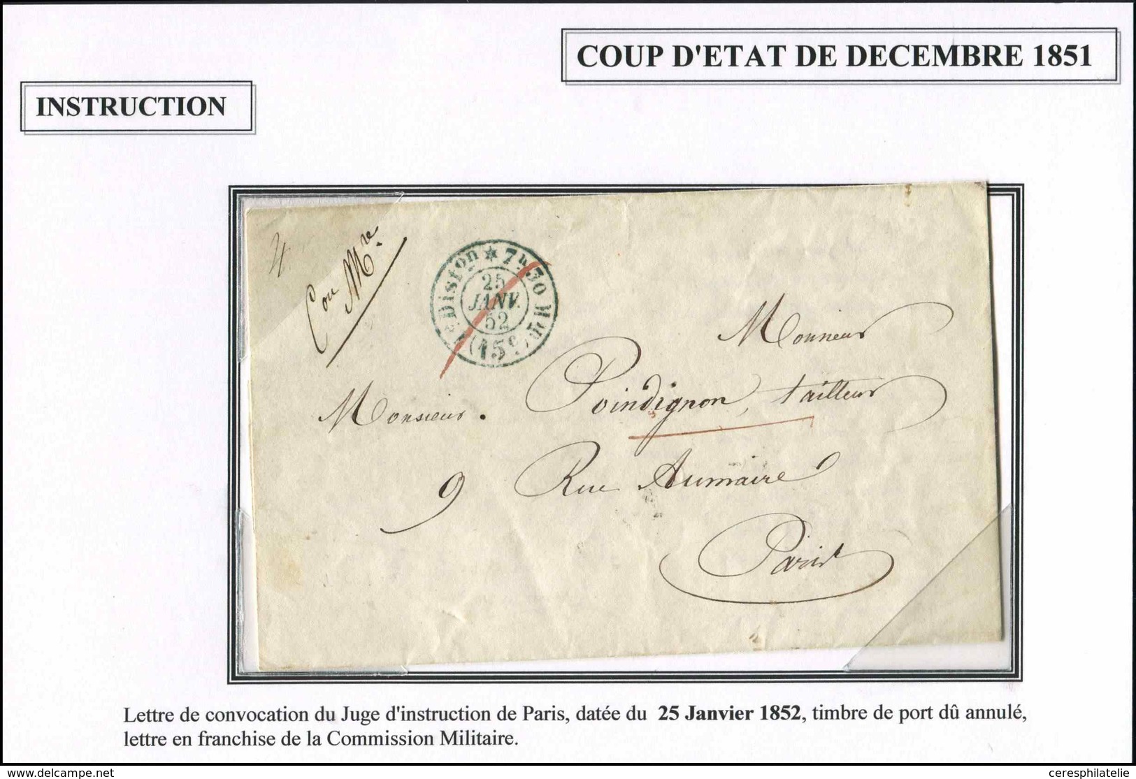 Let LETTRES SANS TIMBRE ET DOCUMENTS DIVERS Càd Bleu "Port-dû" 15c. 25/1/52 Annulé Au Crayon Sur LAC De Convocation Du J - Other & Unclassified