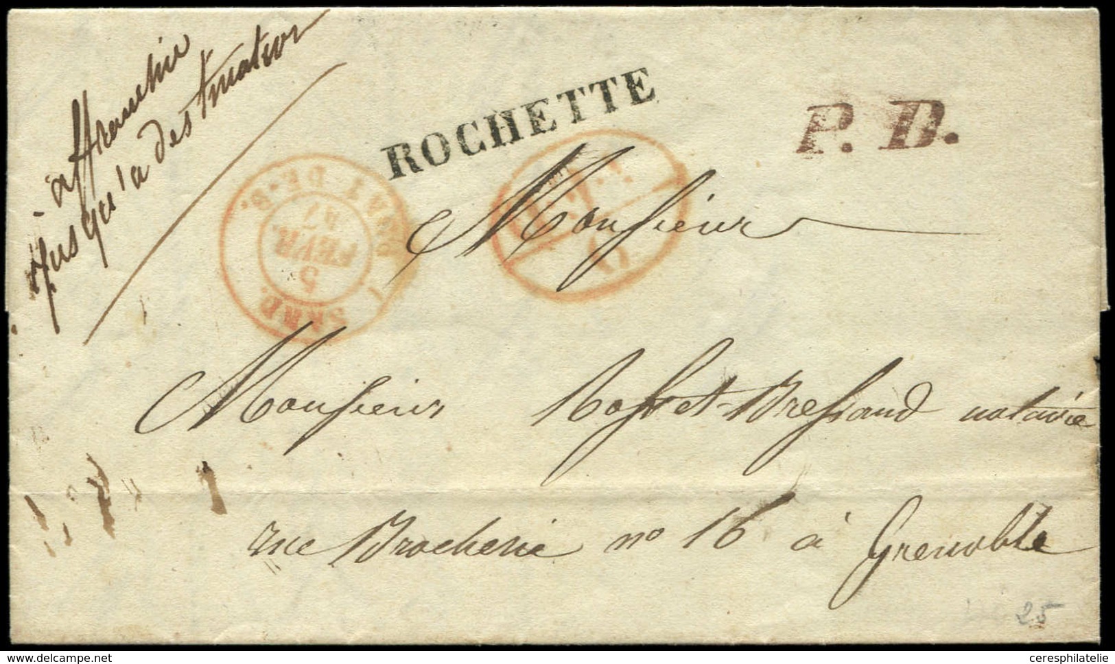 Let DUCHE DE SAVOIE MP ROCHETTE Sur LAC De 1847, Cachet P.D. Rouge Pour Grenoble, TB - 1849-1876: Classic Period
