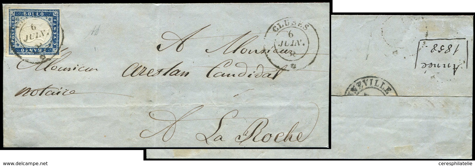 Let DUCHE DE SAVOIE Oblitérations Sur Timbres Sardes N°12 Obl. Càd Sarde CLUSES 6/6/58 S. DL Avec Rabat, Arr. BONNEVILLE - 1849-1876: Classic Period