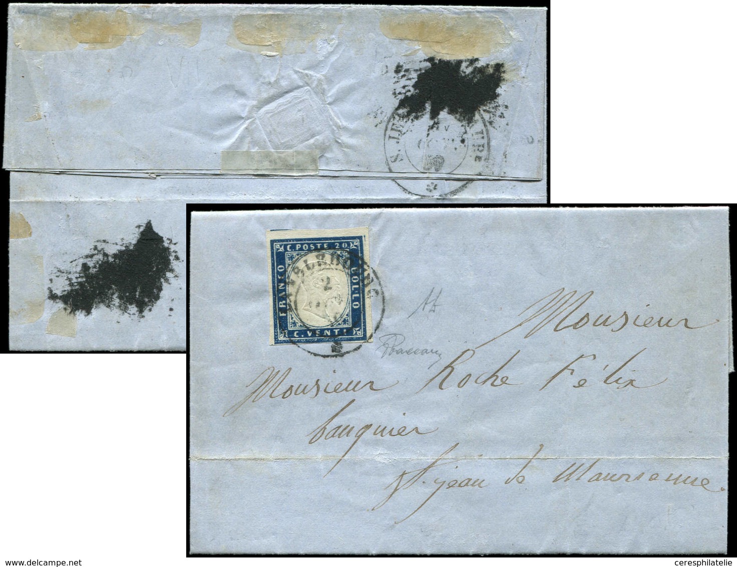 Let DUCHE DE SAVOIE Oblitérations Sur Timbres Sardes N°12 Obl. Càd Sarde LANSLEBOURG 2/8/59 S. LAC, Arr. S. JEAN De MAUR - 1849-1876: Periodo Classico