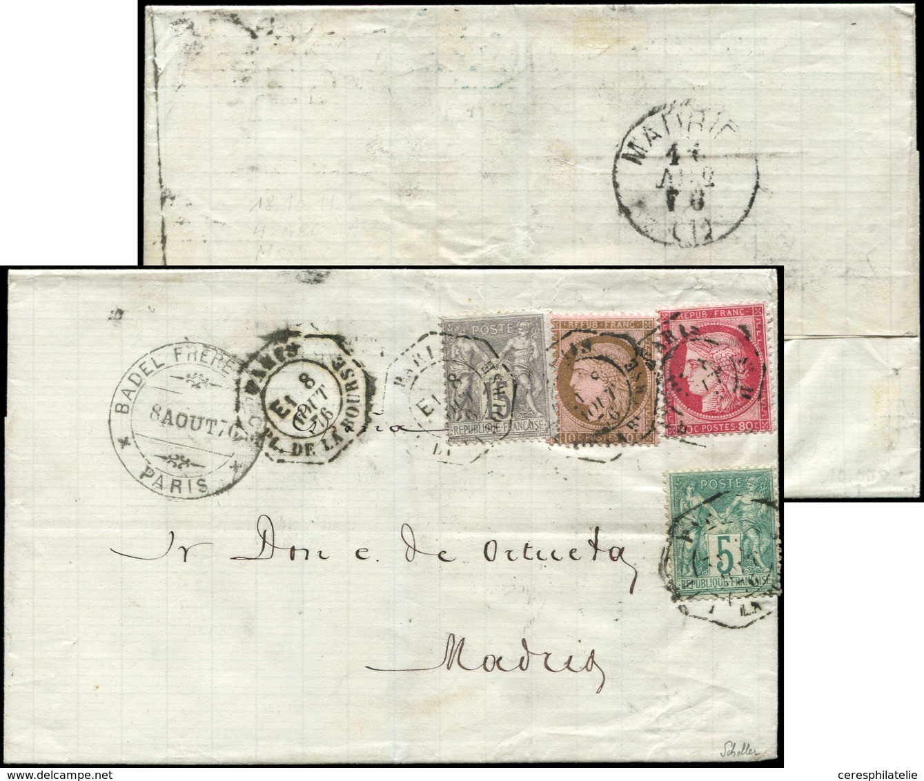 Let LETTRES DE PARIS N°54, 57, 64 Et 66 Obl. Càd Octog. LEX PL DE LA BOURSE E1 8/8/76 Sur Env., Arr. MADRID Le 11/8, TB, - 1849-1876: Classic Period