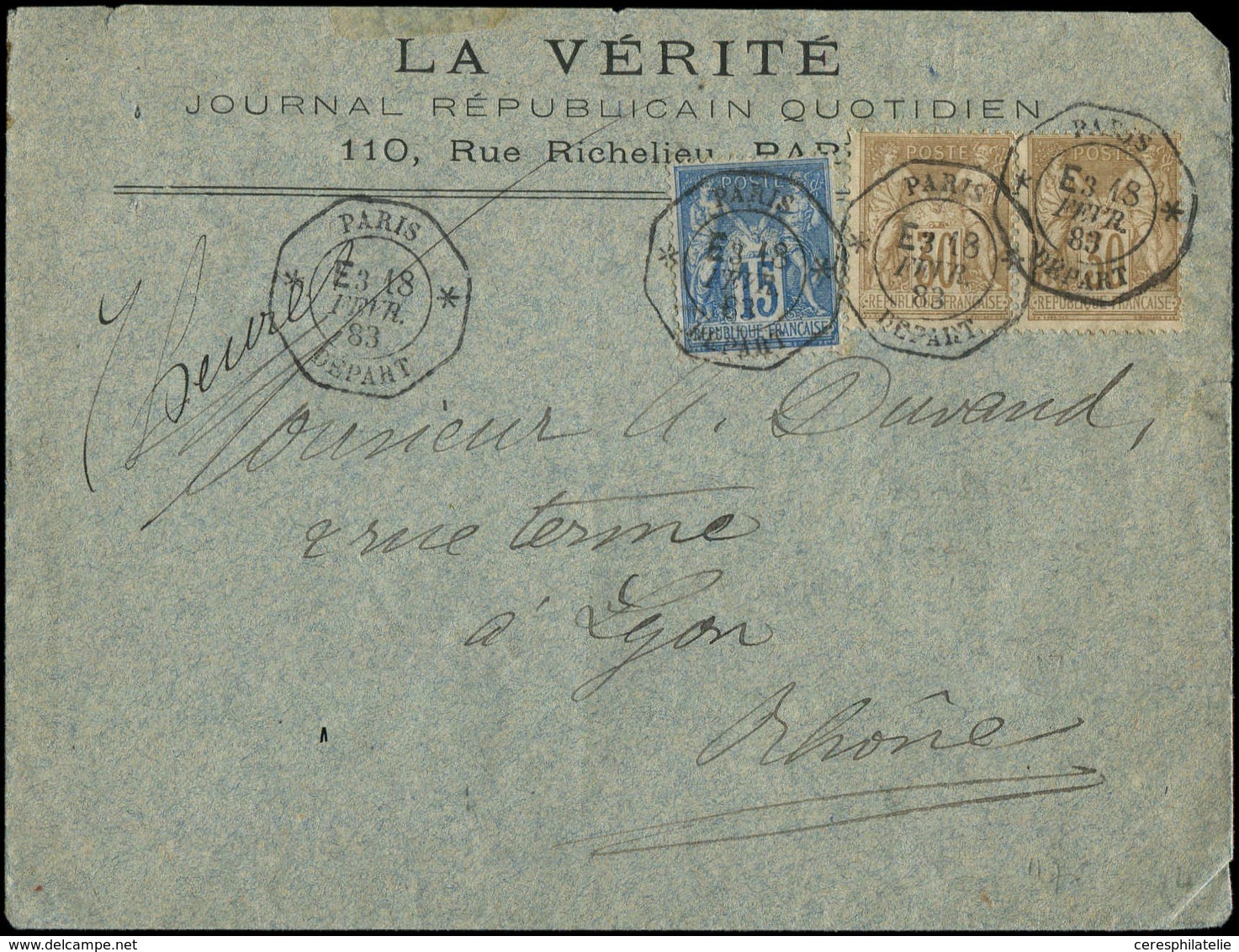 Let LETTRES DE PARIS N°80 PAIRE Et 90 Obl. Càd Octog. LEX PARIS/DEPART E3 18/2/83 S. Env., Frappes Superbes - 1849-1876: Classic Period