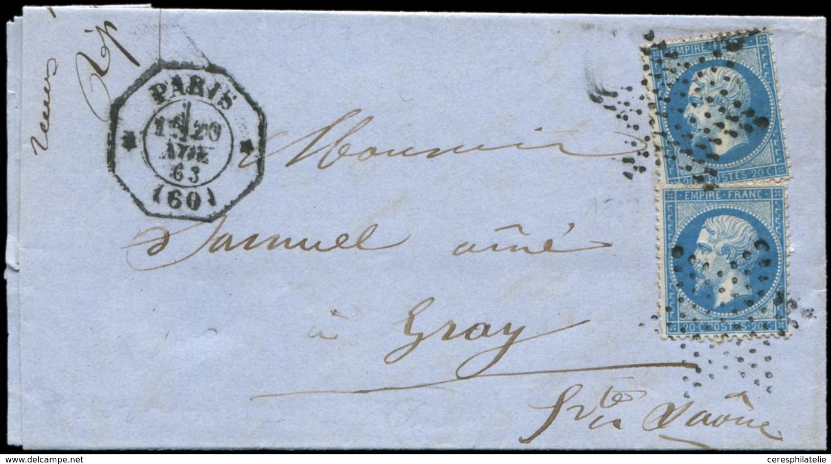 Let LETTRES DE PARIS N°22 2 Ex. Obl. Etoile Pleine S. LAC, Càd LEX T1610 1re 20/11/63, TB - 1849-1876: Classic Period