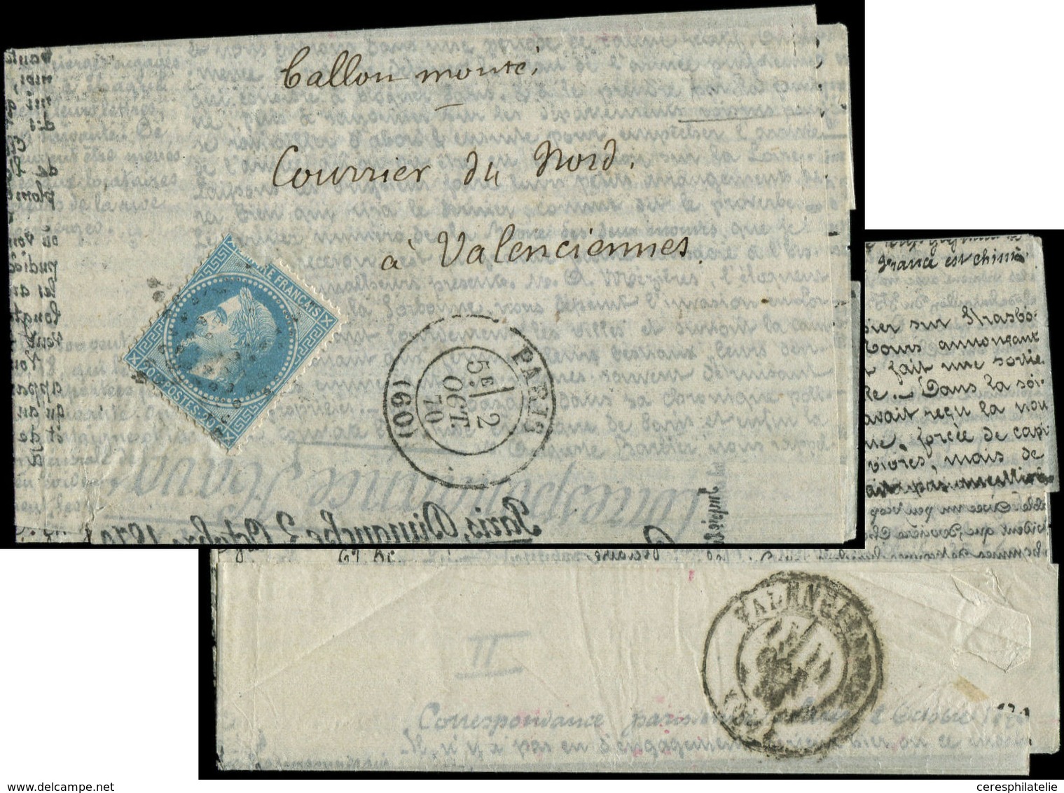 Let BALLONS MONTES N°29B Déf. Obl. Etoile S. Agence HAVAS Incomplète, Càd 2/10/70, Arr. VALENCIENNES 11/10, B/TB. L'ARMA - War 1870