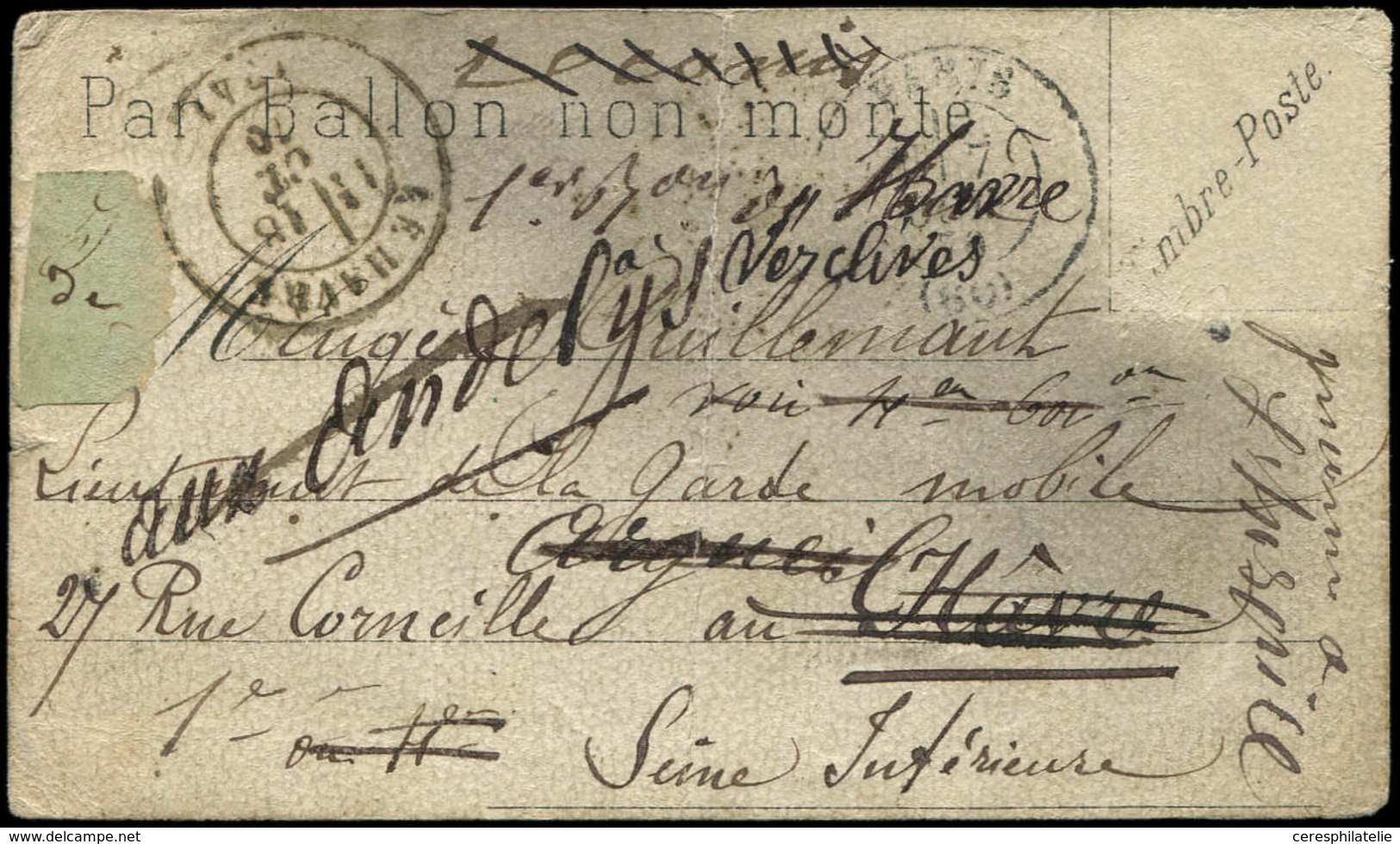 Let BALLONS MONTES Càd PARIS (60) 7/10/70 S. CP Pour LE HAVRE 18/10 Réexp. Aux ANDELYS, B/TB. Le NON DENOMME N°2 - War 1870