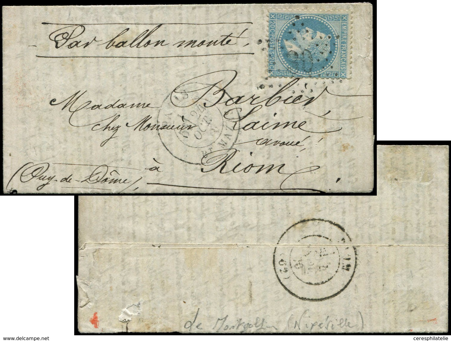 Let BALLONS MONTES N°29B Obl. Etoile 30 S. LAC, Càd Bt Mazas 24/10/70, Arr. RIOM 4/11. LE MONGOLFIER Pli De NIXEVILLE, T - War 1870