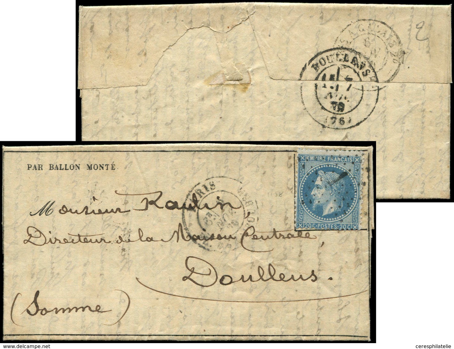 Let BALLONS MONTES N°29 Obl. Etoile 1 S. Gazette N°2, Càd Pl. De La Bourse 2/11/70, Arr. DOULLENS 7/11, TB. LE FERDINAND - War 1870