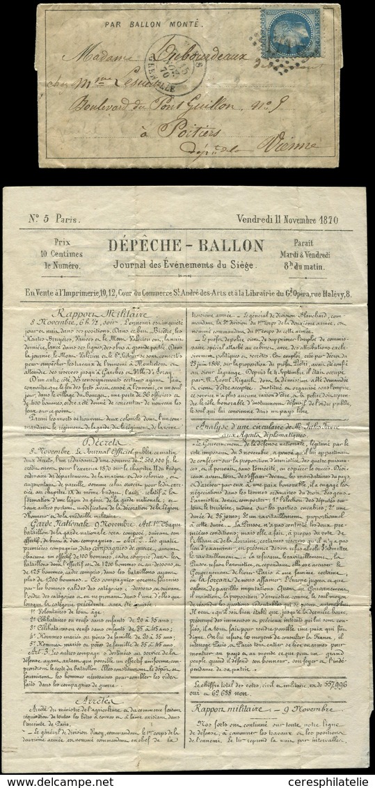 Let BALLONS MONTES N°29A Obl. GC 1715 S. DEPECHE BALLON N°5, Càd GRENELLE 15/11/70, Arr. POITIERS 25/11, TB. LE Gal UHRI - War 1870