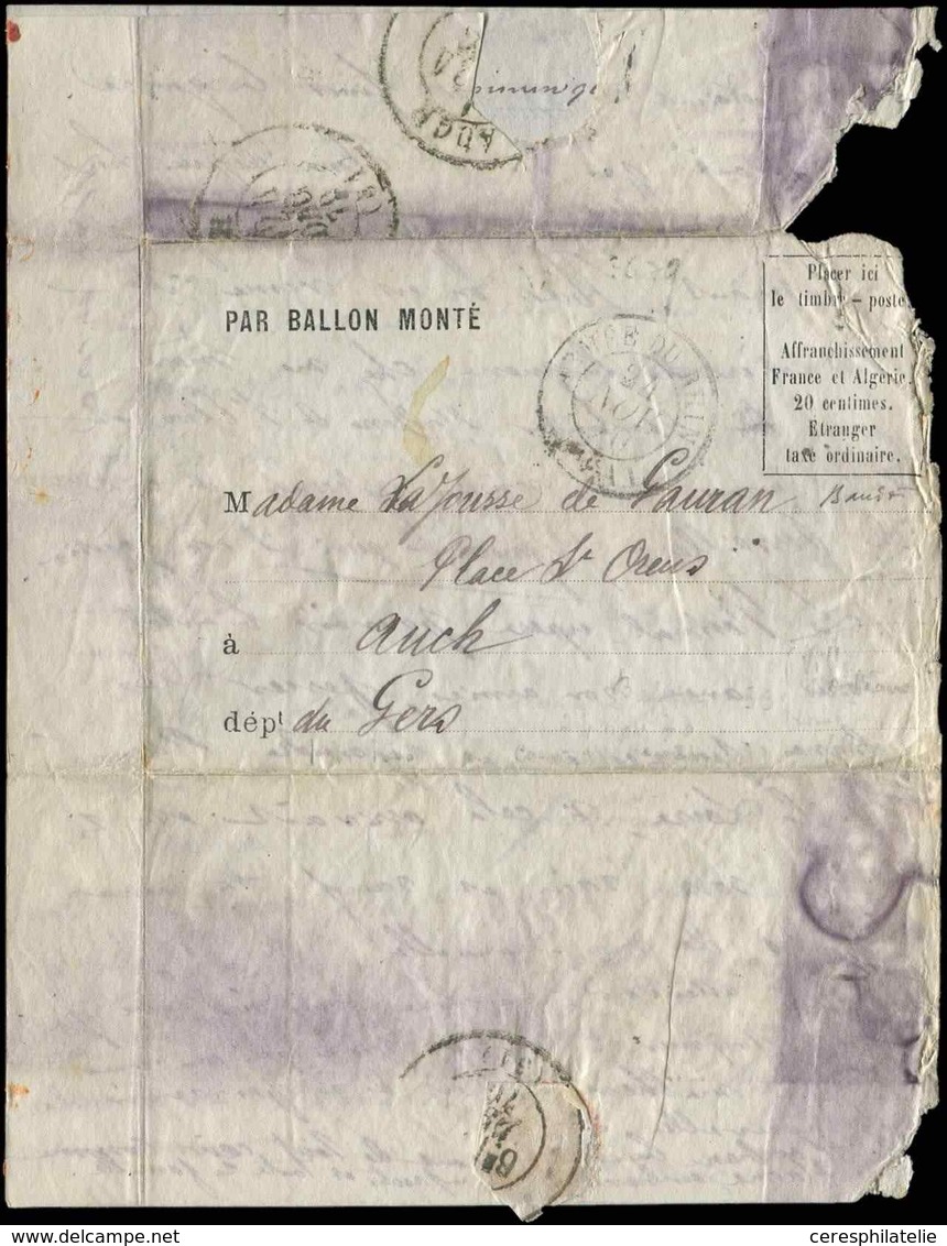 Let BALLONS MONTES Càd ARMEE Du RHIN Bau AL 24/11/70 S. LAC Formule, Timbre Décollé Par Immersion, Courrier Remis à La R - War 1870