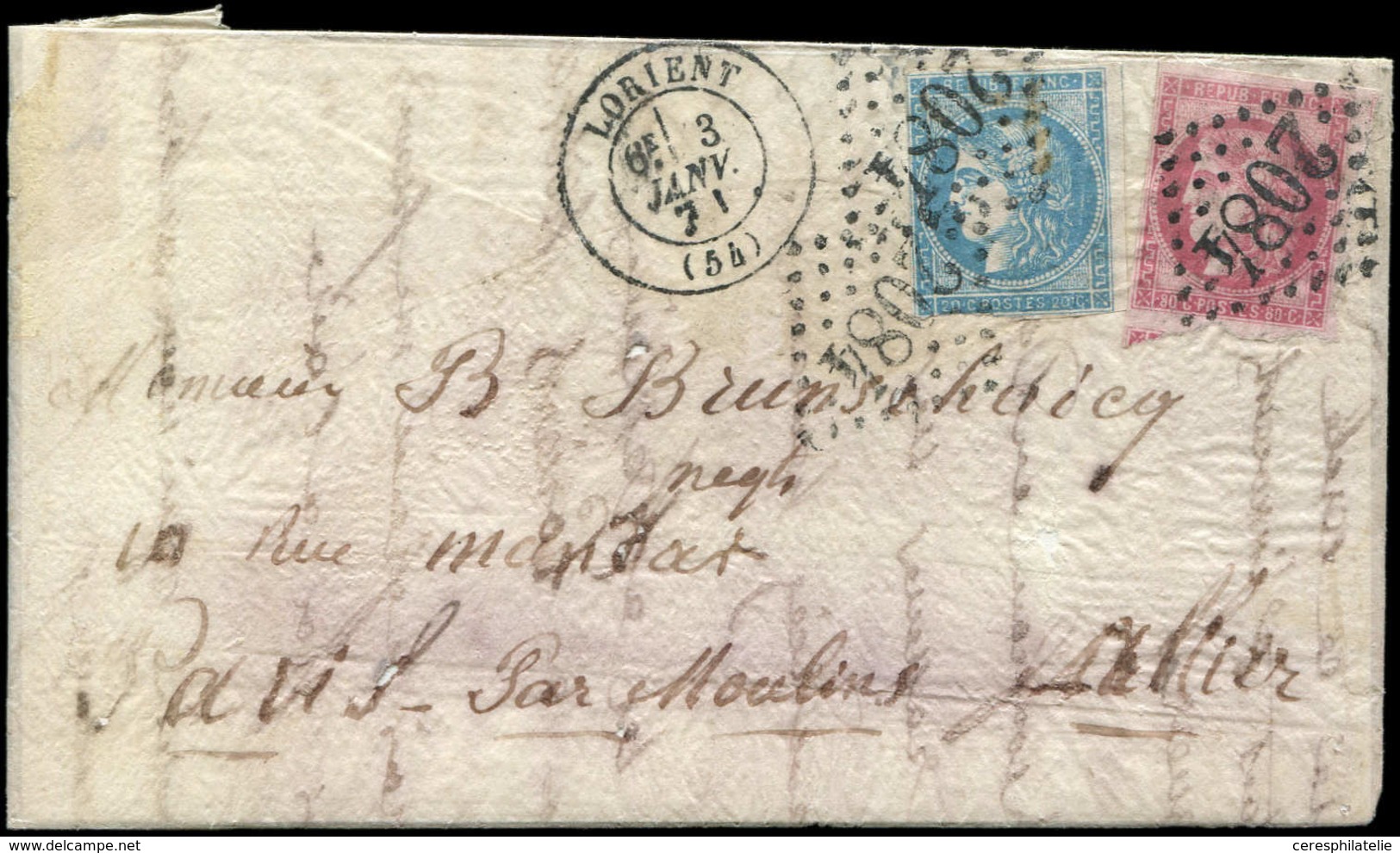 Let Boules De Moulins  N°46A P.d. Et 49 Obl. GC 2084 S. LAC, Càd T17 LORIENT 3/1/71 Pour Paris Par Moulins, Frappes TTB - War 1870