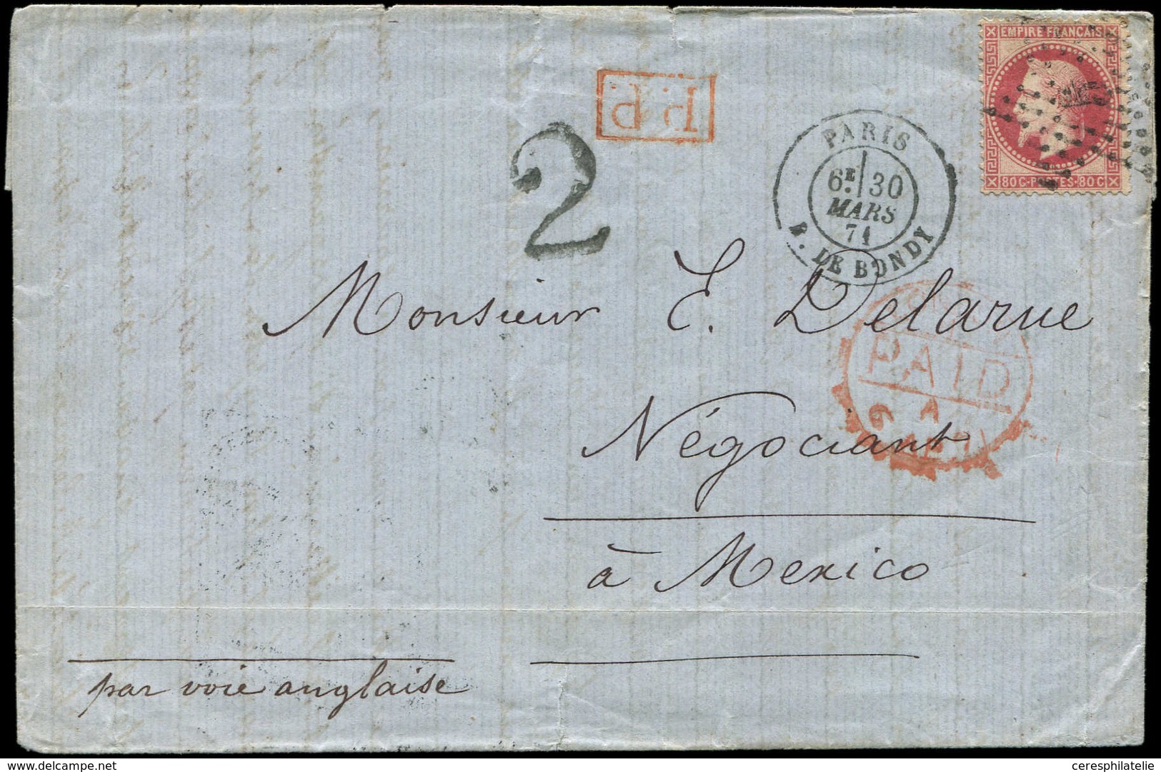 Let Commune De Paris  N°32 Obl. Etoile 5 S. LAC, Càd R. De Bondy 30/3/71, Passage LONDON Et Taxe 2 Mexicaine Pour MEXICO - War 1870