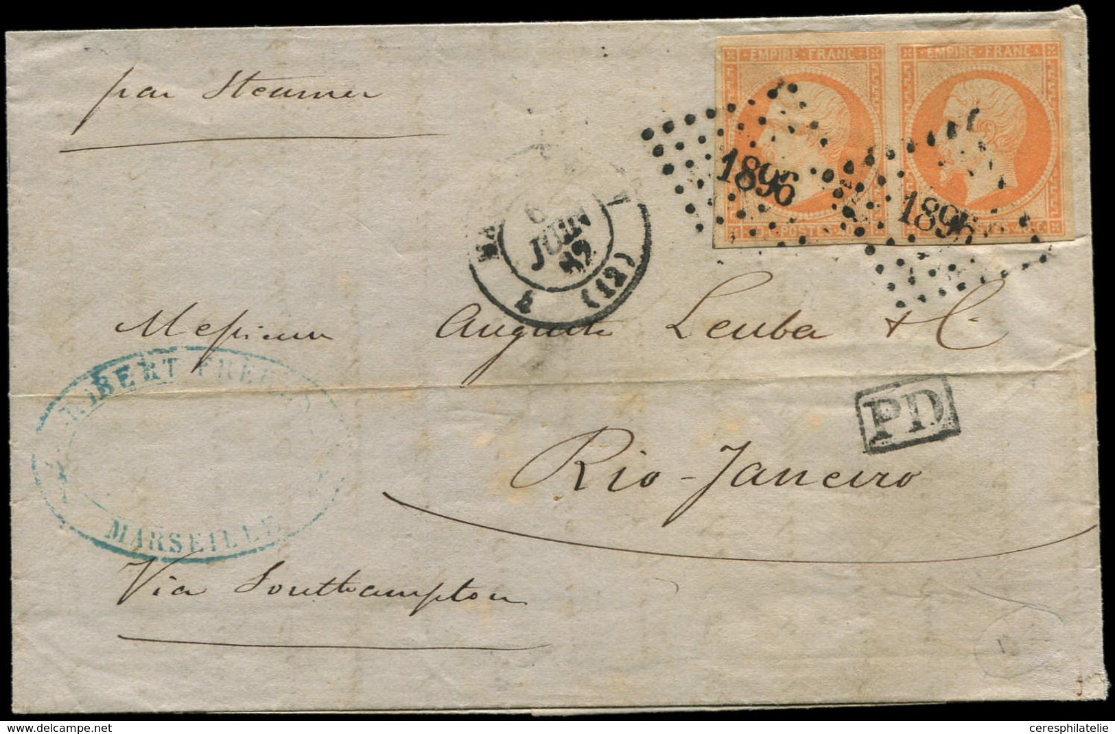 Let DESTINATIONS N°16 PAIRE Obl. 1896 S. LAC, Càd Marseille 6/6/62 Pour RIO De JANEIRO, TB - 1849-1876: Periodo Classico