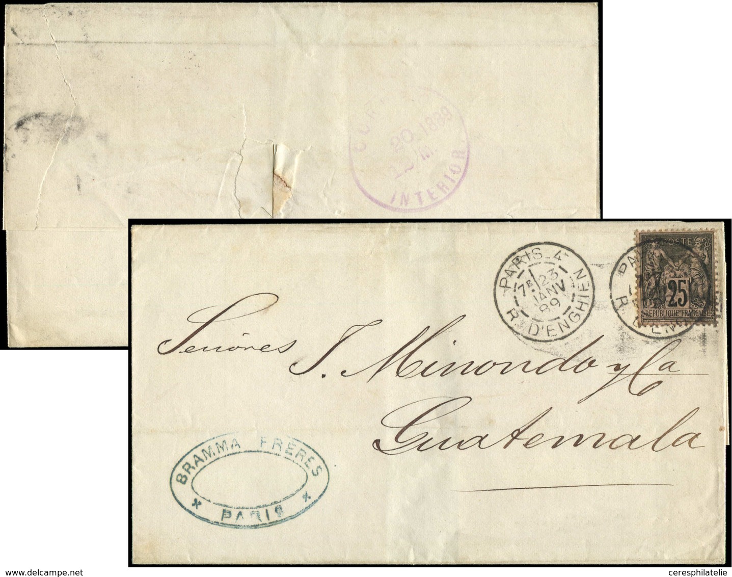 Let DESTINATIONS N°97 Obl. PARIS 4 23/1/89 S. LSC, Arr. GUATEMALA Au Verso, TB - 1849-1876: Classic Period