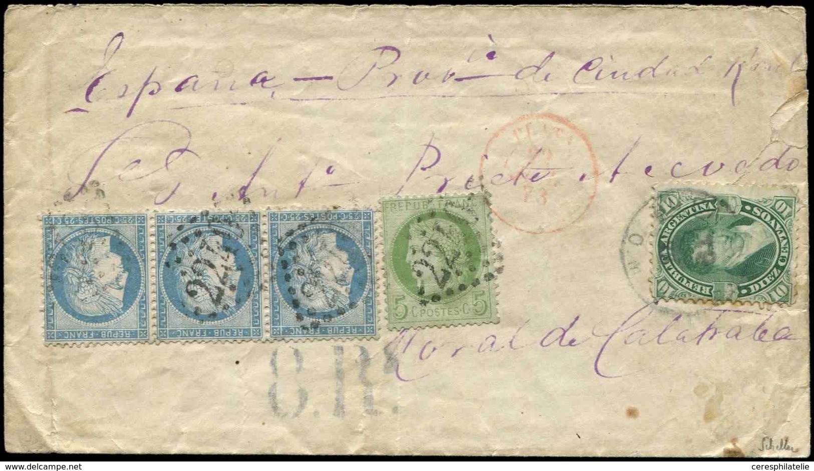 Let POSTE MARITIME N°53 Et 60A BANDE De 3 Obl. GC 2240, MIXTE Avec 5c. D'Argentine Obl. BUENOS-AYRES S. Env. Pour L'Espa - Maritime Post