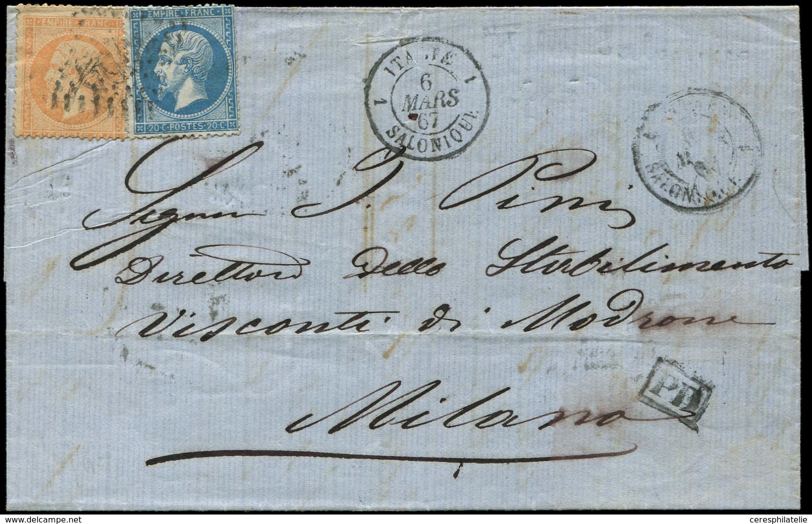 Let BUREAUX FRANCAIS A L'ETRANGER N°22 Et 23 Obl. GC Illisible Sur LAC, Càd ITALIE/SALONIQUE 6/3/67, Arr. MILAN Le 13/3, - 1849-1876: Classic Period