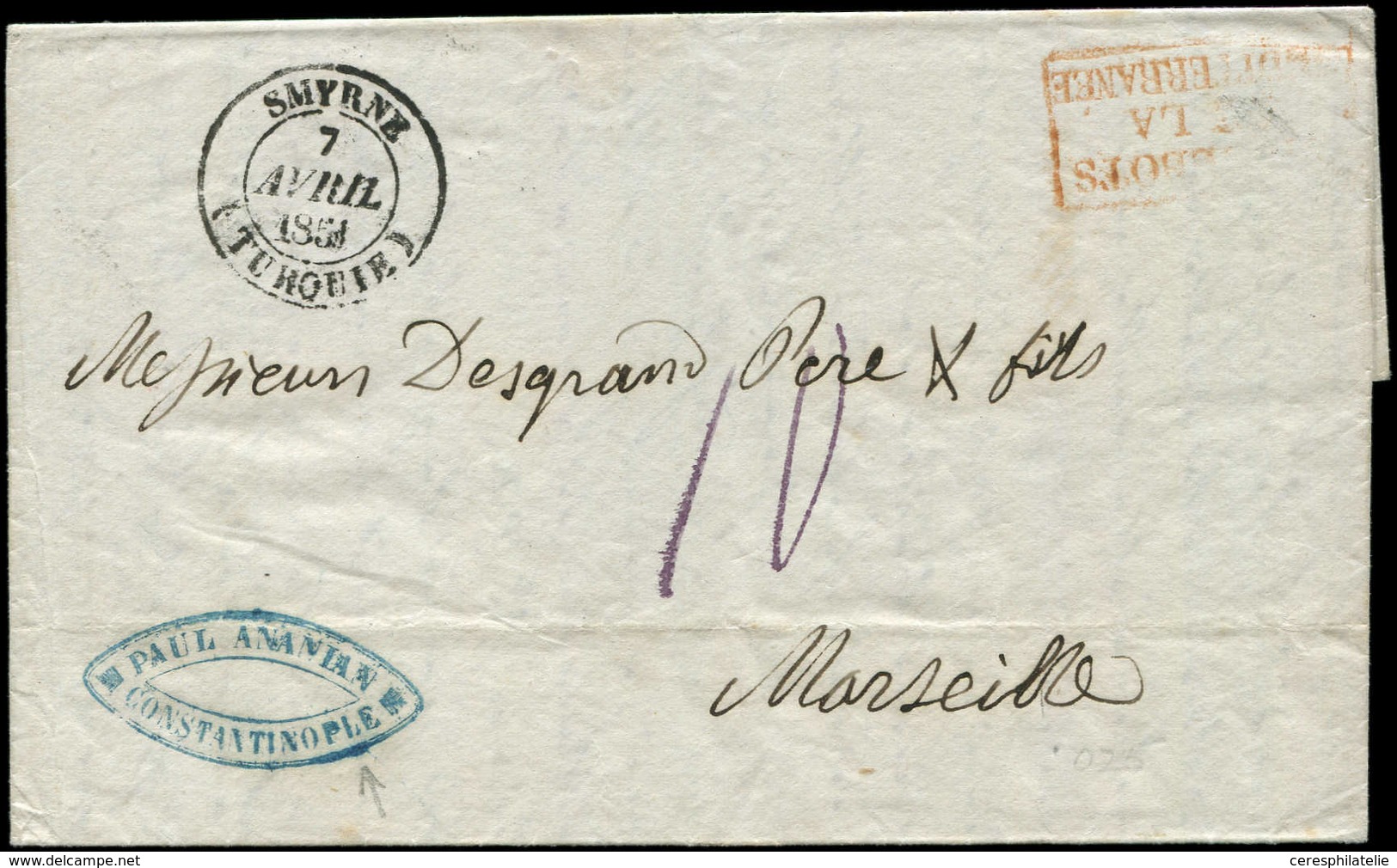 Let BUREAUX FRANCAIS A L'ETRANGER Càd T14 SMYRNE/(TURQUIE) Sur LAC De CONSTANTINOPLE, Taxe 10 Pour Marseille, Superbe - 1849-1876: Periodo Classico