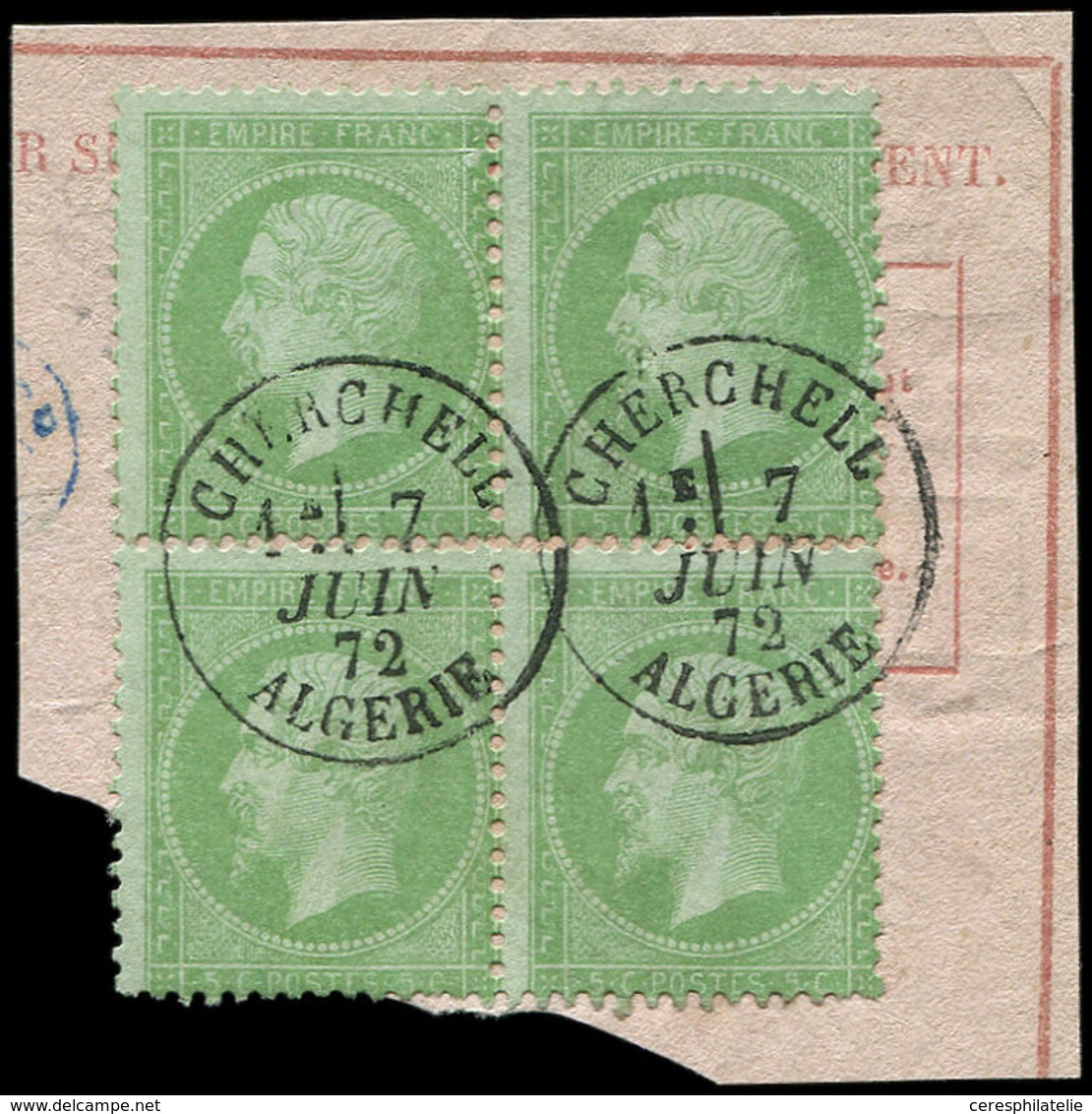 LETTRES ET OBLITERATIONS D'ALGERIE N°20 BLOC De 4 Obl. Càd T16 CHERCHELL 7/6/72 Sur Fragt, Frappe Superbe - 1849-1876: Classic Period