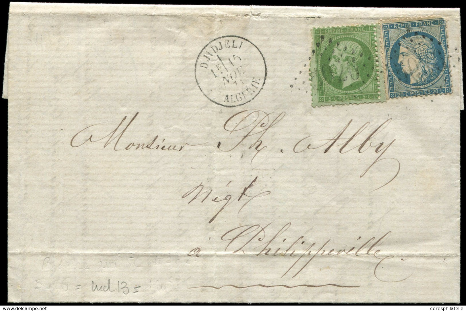 Let LETTRES ET OBLITERATIONS D'ALGERIE N°20 Déf. Et 37 Obl. GC 5026 S. LAC, Càd T16 DJIDJELI 15/11/71, TB - 1849-1876: Classic Period