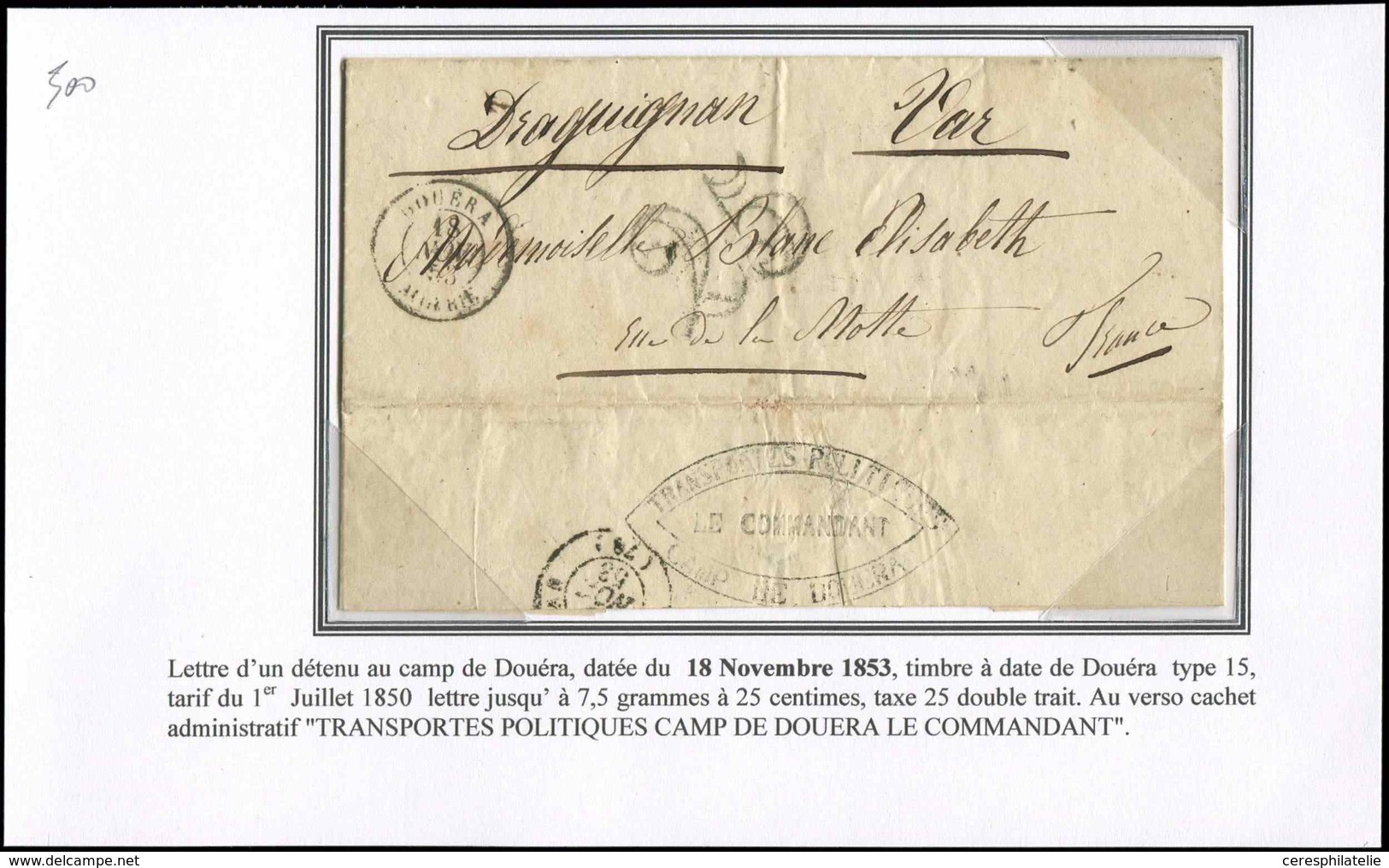 Let LETTRES ET OBLITERATIONS D'ALGERIE Càd DOUERA 18/11/53 Sur LAC D'un Détenu Du Camp De DOUERA, Taxe 25, Au Verso Cach - 1849-1876: Classic Period