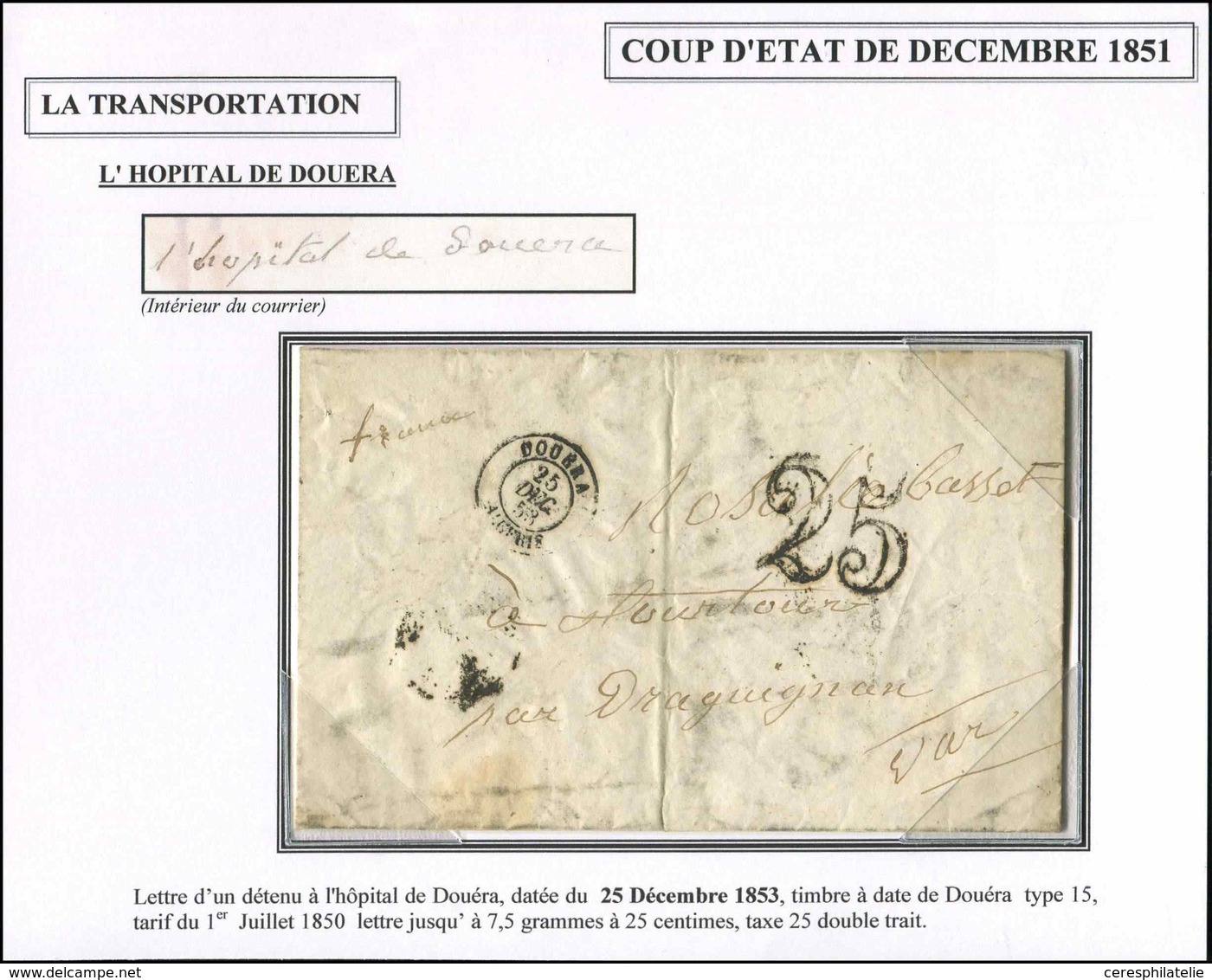 Let LETTRES ET OBLITERATIONS D'ALGERIE Càd DOUERA 25/12/53 S. LAC D'un Détenu à L'Hôpital, Taxe 25 Pour Draguignan, TB - 1849-1876: Classic Period