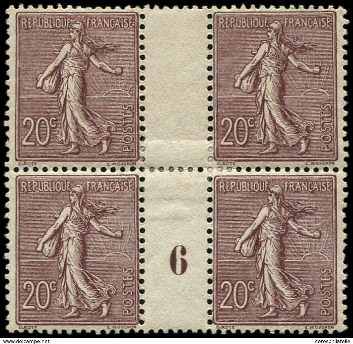 * EMISSIONS DU XXème SIECLE 131a  Semeuse Lignée, 20c. Brun-lilas Foncé, BLOC De 4 Mill.6, TB - Unused Stamps