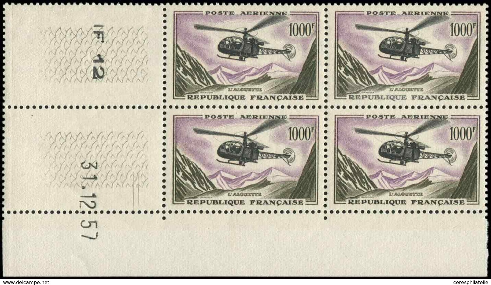 ** POSTE AERIENNE 37  1000f. Alouette, BLOC De 4 CD 31/12/57, TB - 1927-1959 Mint/hinged