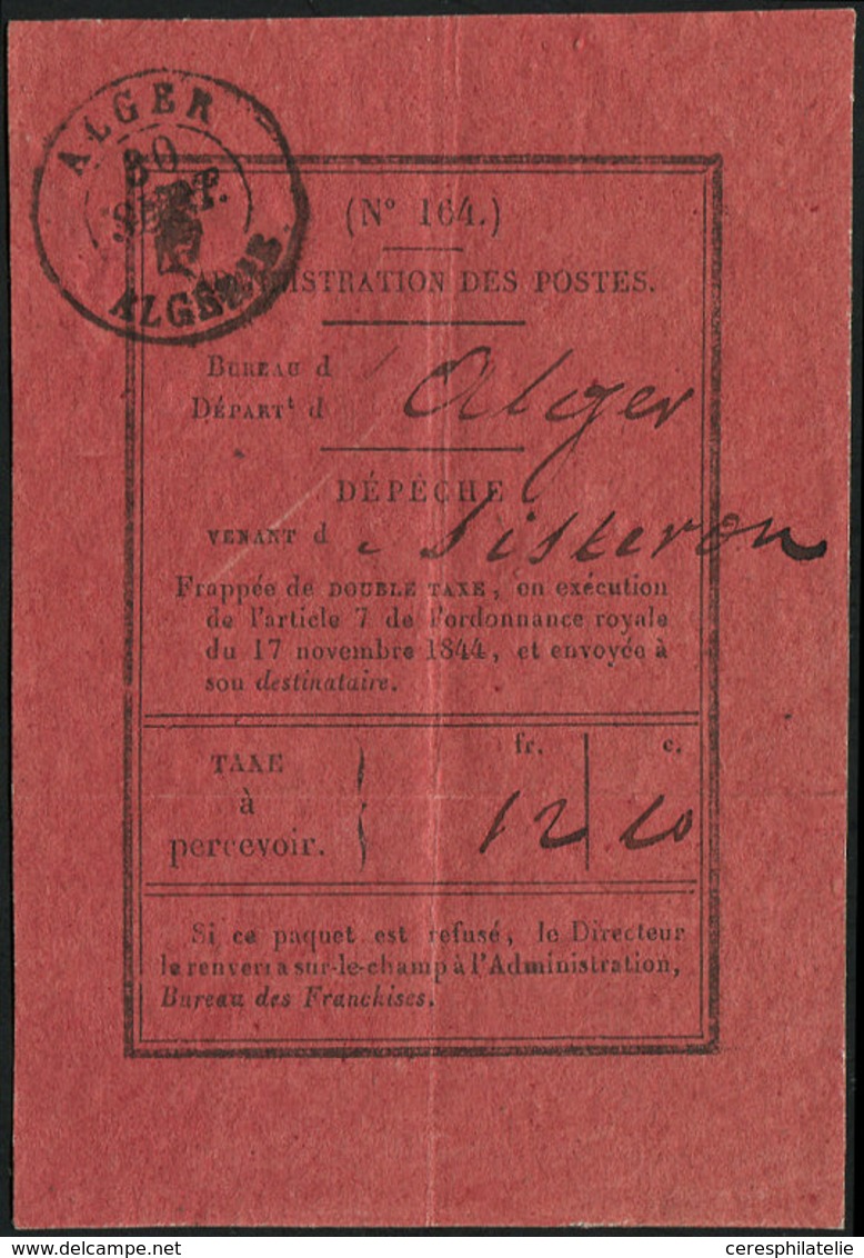 Let TAXE Etiquette Rouge Foncé N°164 Utilisée Au Bureau D'Alger 30/9/47 Pour Une Dépêche Venant De Sisteron, RR, TB - 1859-1959 Used