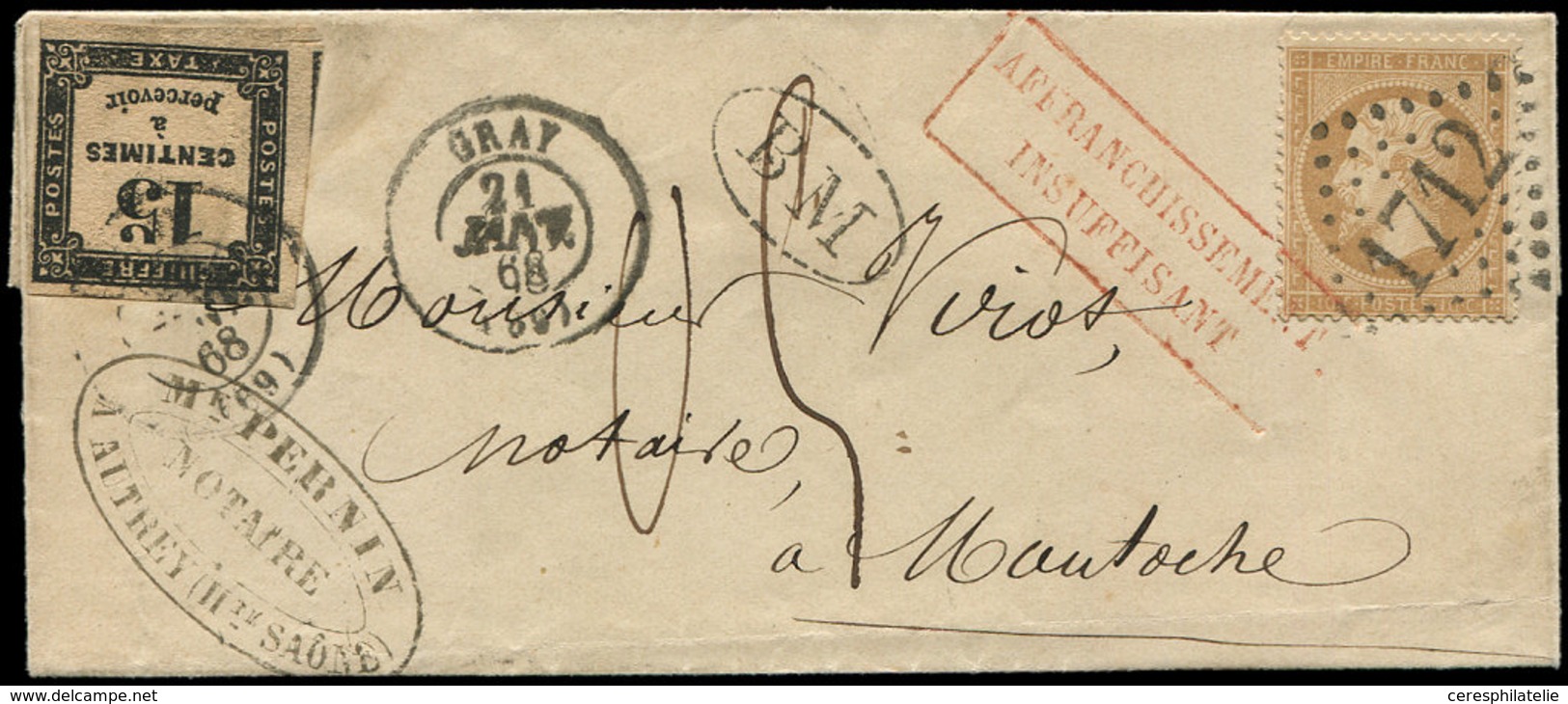 Let TAXE 3B  15c. Noir Typo T II, Obl. Càd T15 GRAY 21/1/68 S. LAC Affr. N°21 Obl. GC 1712, "affrt Insuff.", BM Et  05 P - 1859-1959 Used