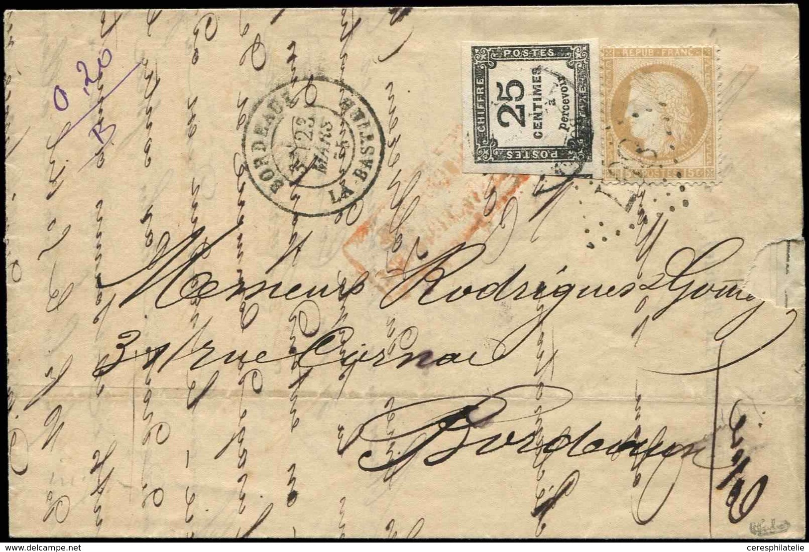 Let TAXE 5   25c. Noir, T I, Obl. Càd BORDEAUX 24/3/75 S. LAC Affr. N°55 Obl. GC 807 De BORDEAUX LA BASTIDE, Griffe "aff - 1859-1959 Used