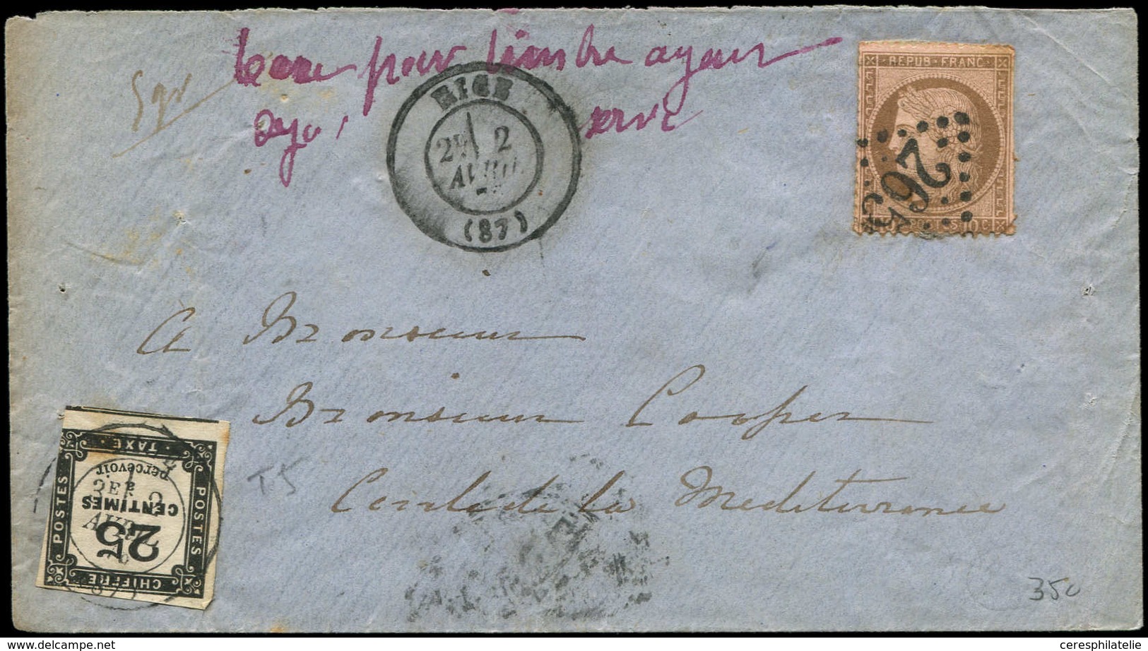 Let TAXE 5A  25c. Noir T II Touché Obl. Càd NICE 2/4/76 S. Env. Affr. N°54 Obl. GC 265- Et Mention " Pour Timbre Ayant D - 1859-1959 Used