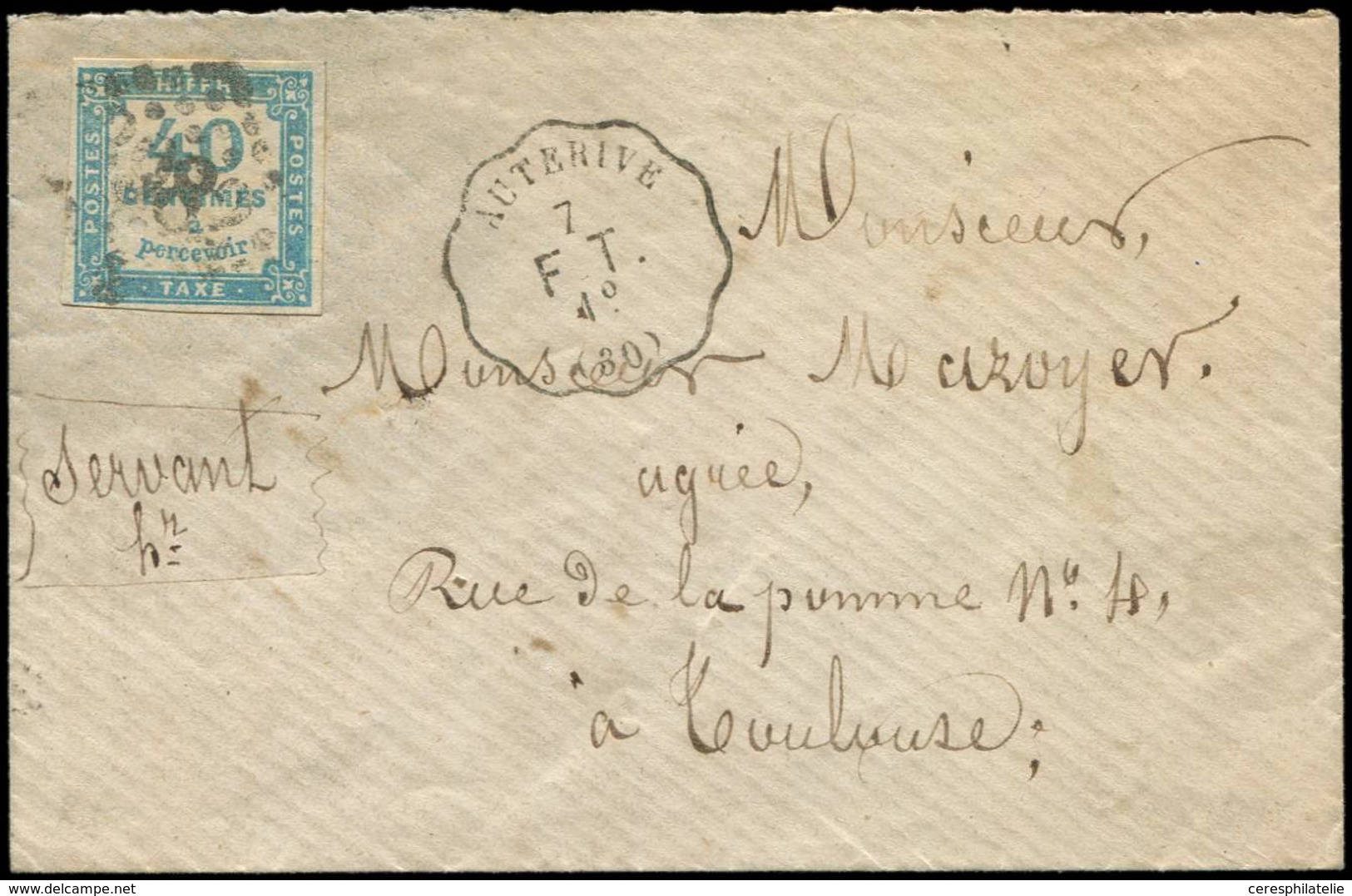 Let TAXE 7   40c. Bleu, Obl. GC 3982 De Toulouse S. Env., Convoyeur AUTERIVE F.T., 1873, TB - 1859-1959 Used