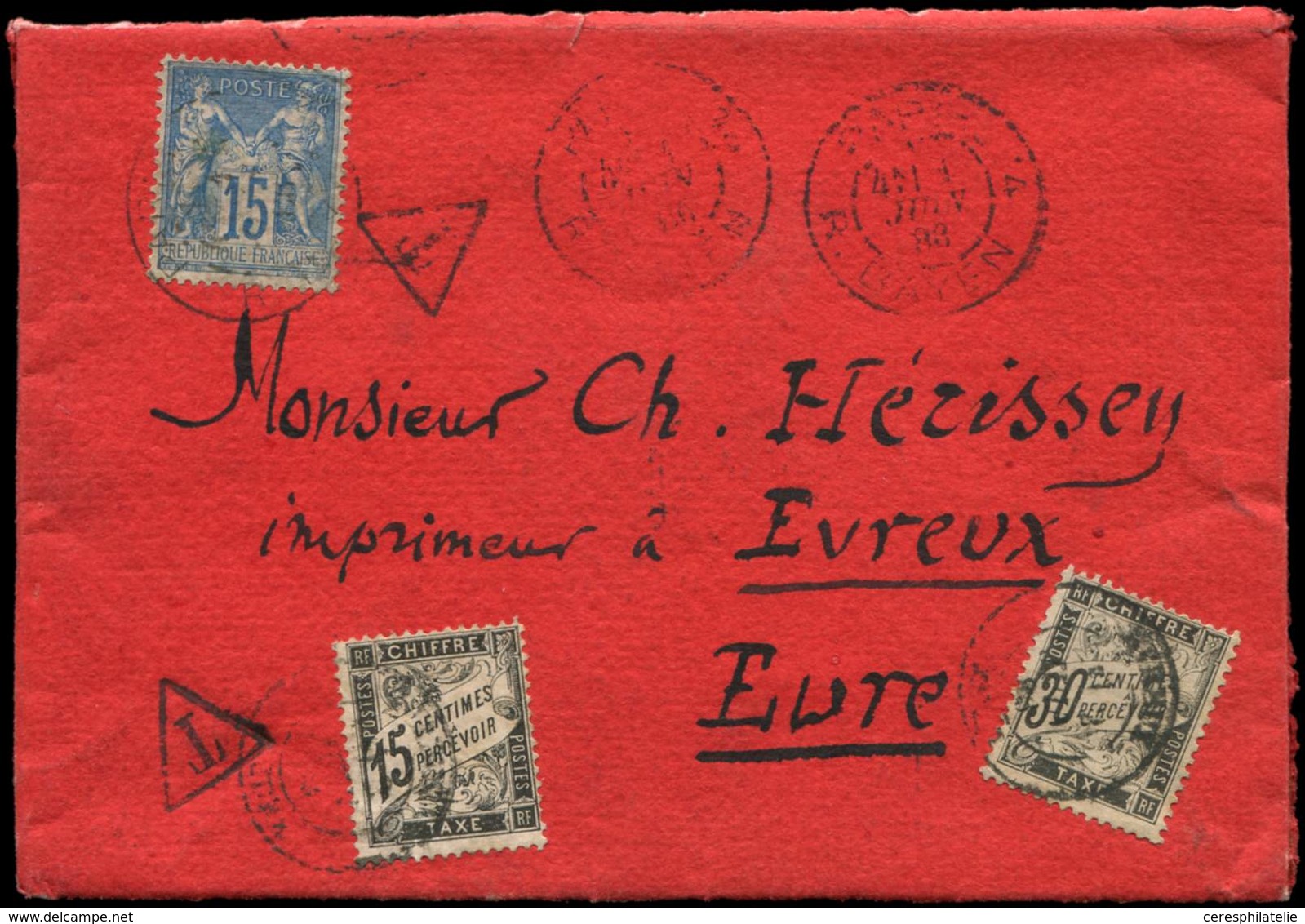 Let TAXE 16 Et 18, 15c. Et 30c. Obl. Càd EVREUX 6/86 S. Env. ROUGE VIF Affr. N°90 Obl. R. Bayen, TB - 1859-1959 Used