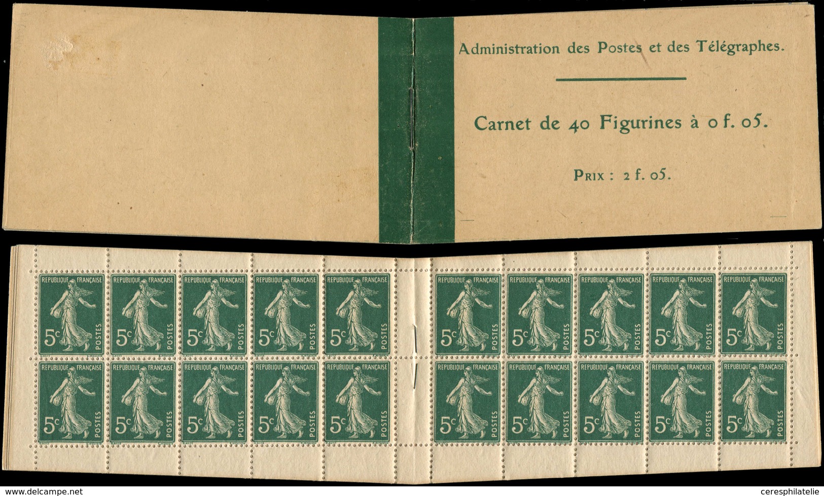 CARNETS (N°Cérès Jusqu'en1964) 7    Semeuse Camée,  5c. Vert, N°137, T I, Impression Sur Papier Gris, Rare - Other & Unclassified