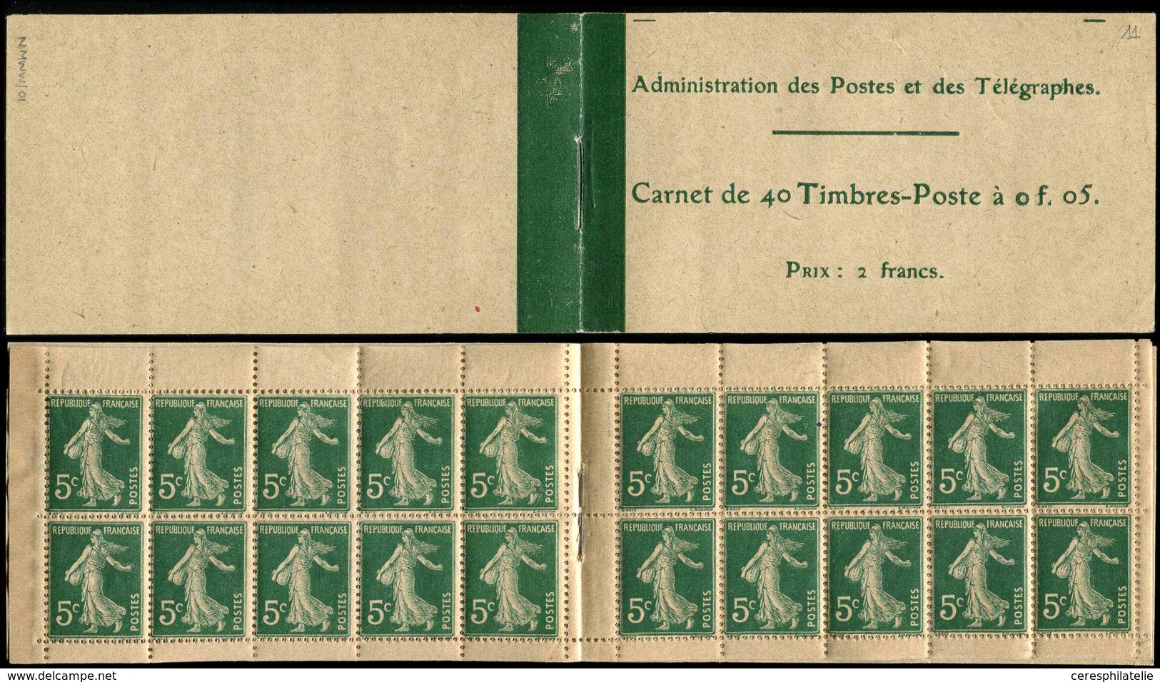 CARNETS (N°Cérès Jusqu'en1964) 11   Semeuse Camée,  5c. Vert, N°137A, T II, GC Chamois, TTB - Other & Unclassified