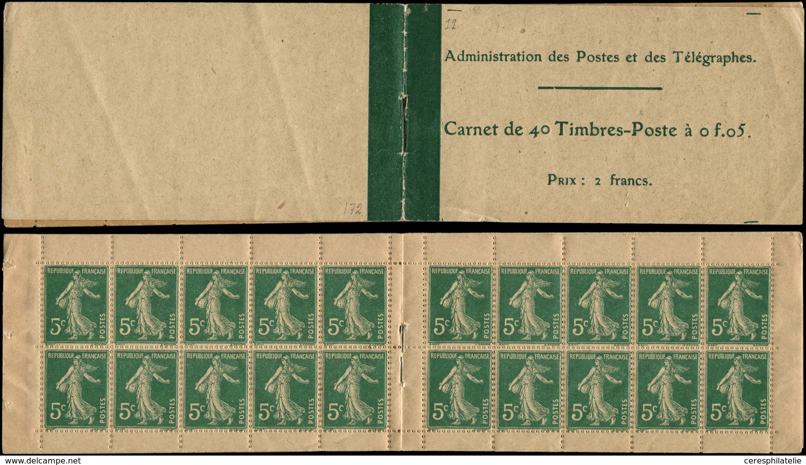 CARNETS (N°Cérès Jusqu'en1964) 11   Semeuse Camée,  5c. Vert, N°137A, T II, Carnet De 20, Papier GC Chamois, Couv. Papie - Other & Unclassified