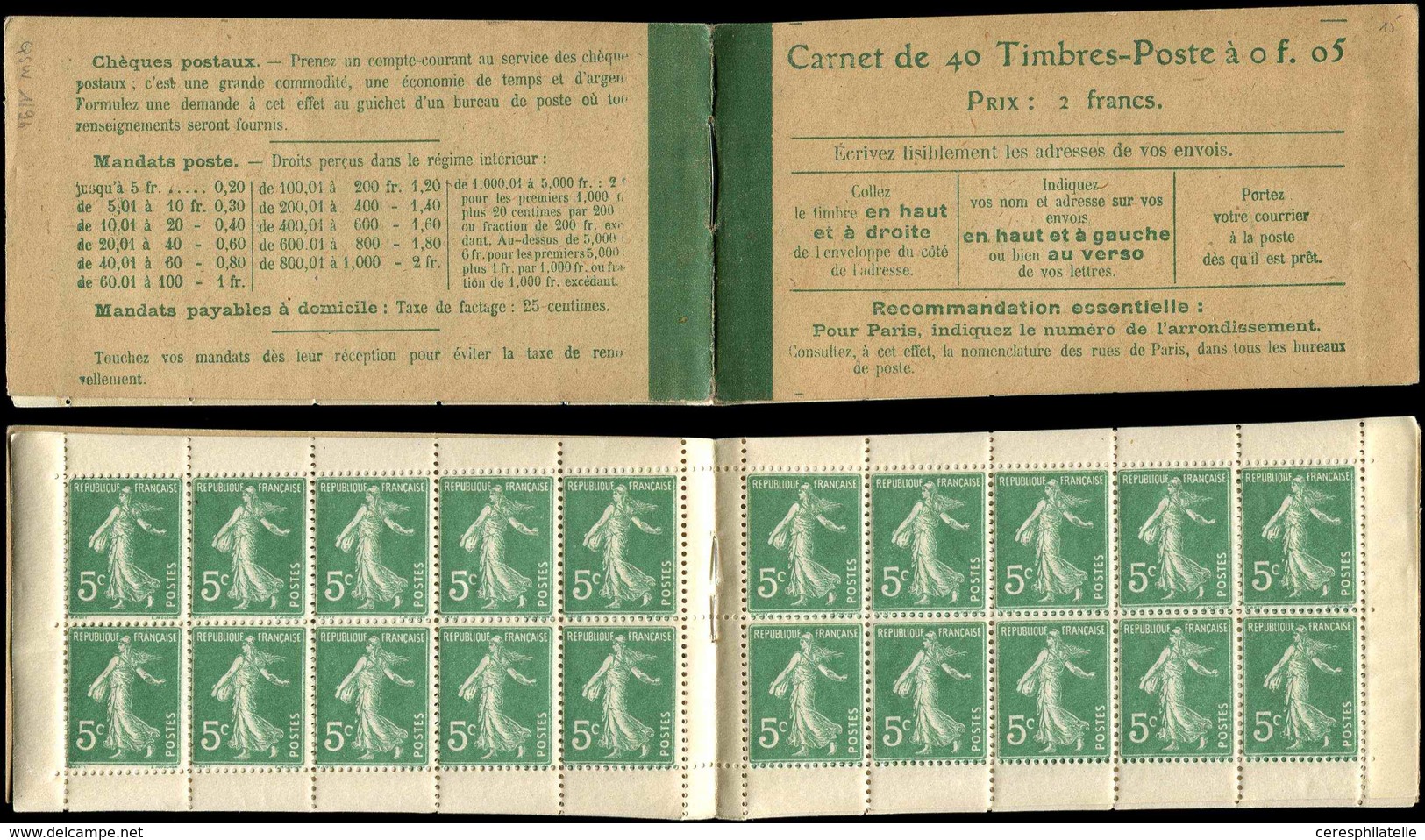 CARNETS (N°Cérès Jusqu'en1964) 15   Semeuse Camée,  5c. Vert, N°137A, T II, Pub Sur Les 4 Pages, Fraîcheur Postale, TB - Other & Unclassified